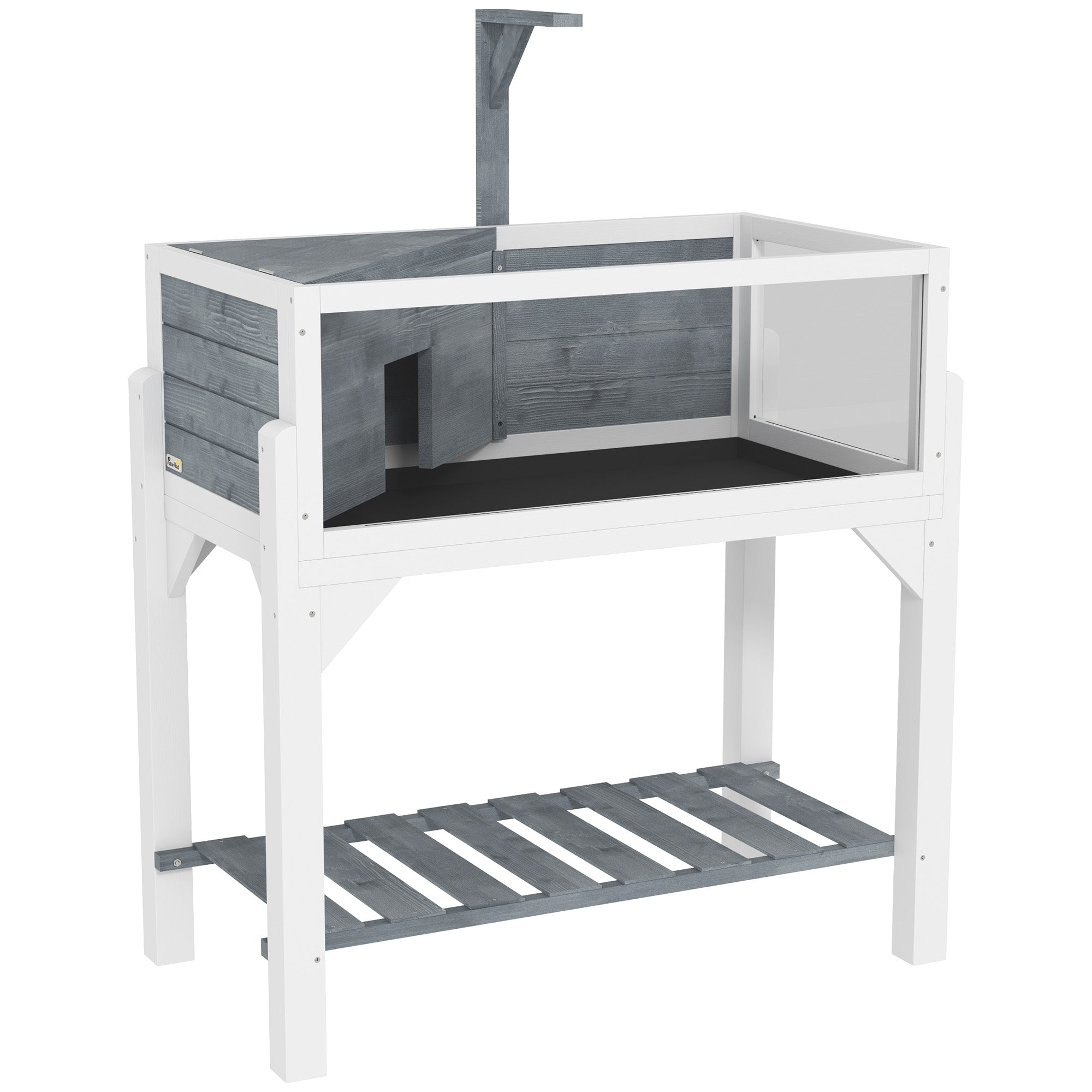 Tortoise Habitat with Storage Shelf, Wooden Tortoise Enclosure with Clear Windows, Lamp Holder, Openable Top, Built-in Tray, Reptile Cage for Indoor Outdoor Use, Gray