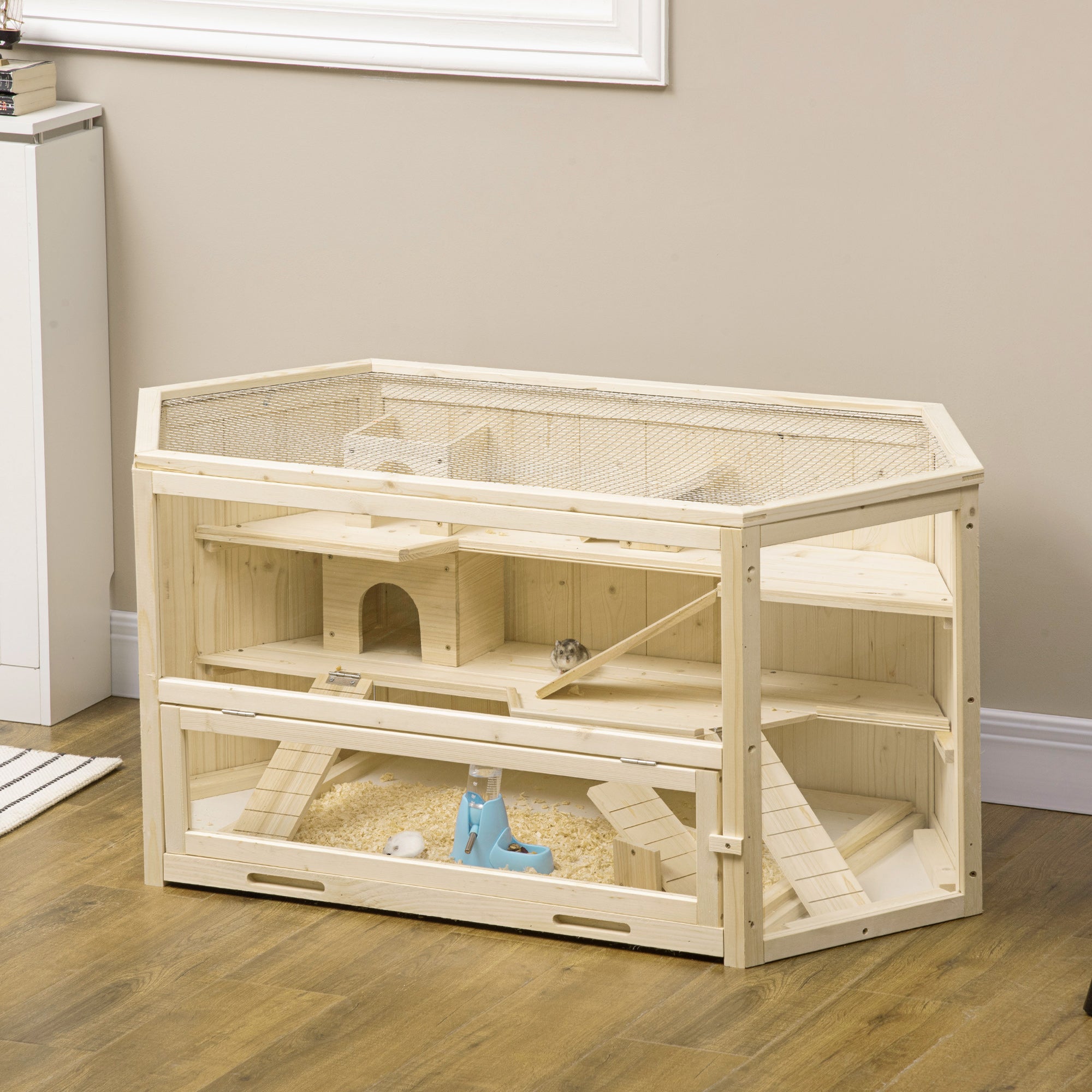 Wooden Large Hamster Cage Small Animal Exercise Play House 3 Tier with Sliding Tray, Seesaws, Water Bottle, Natural