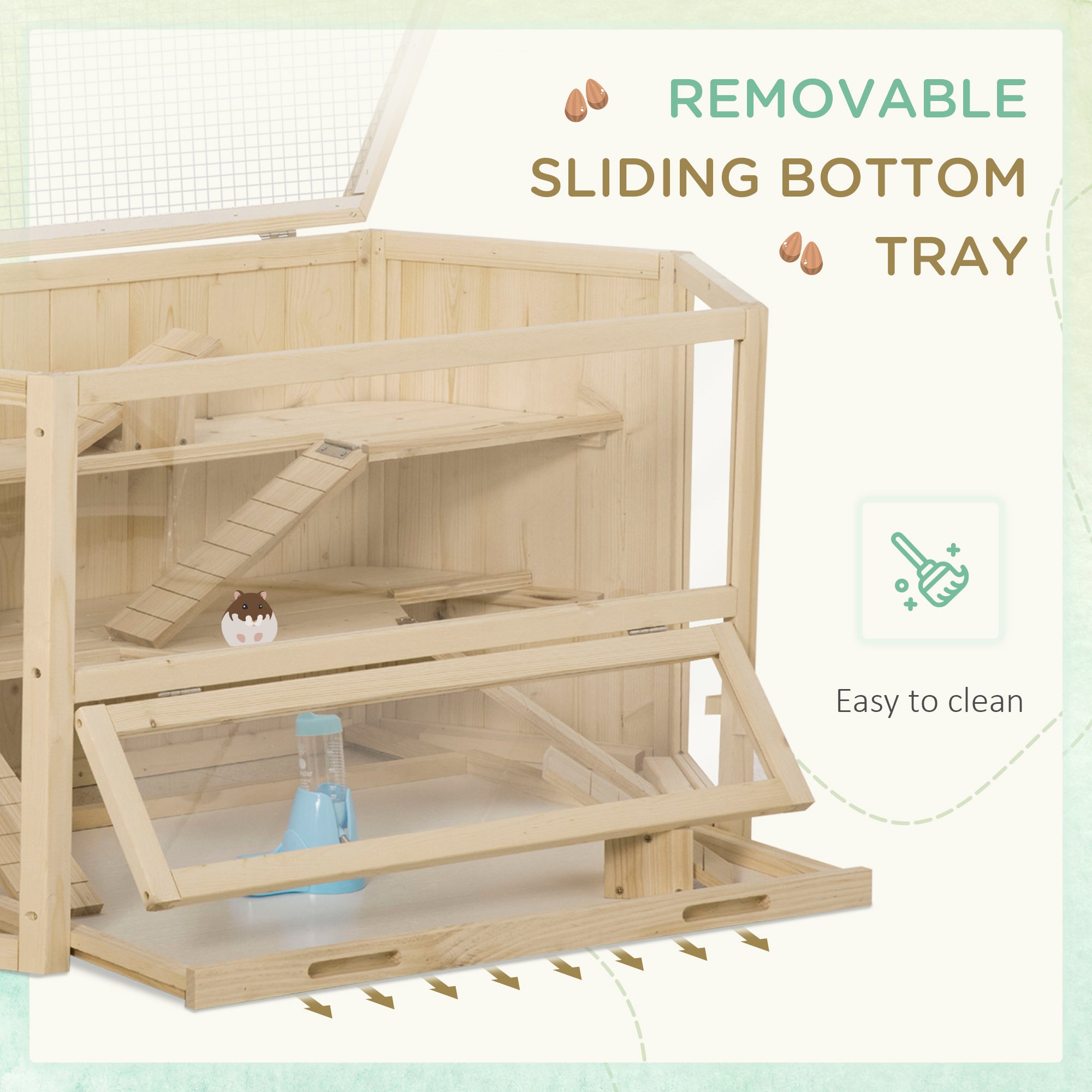 Wooden Large Hamster Cage Small Animal Exercise Play House 3 Tier with Sliding Tray, Seesaws, Water Bottle, Natural