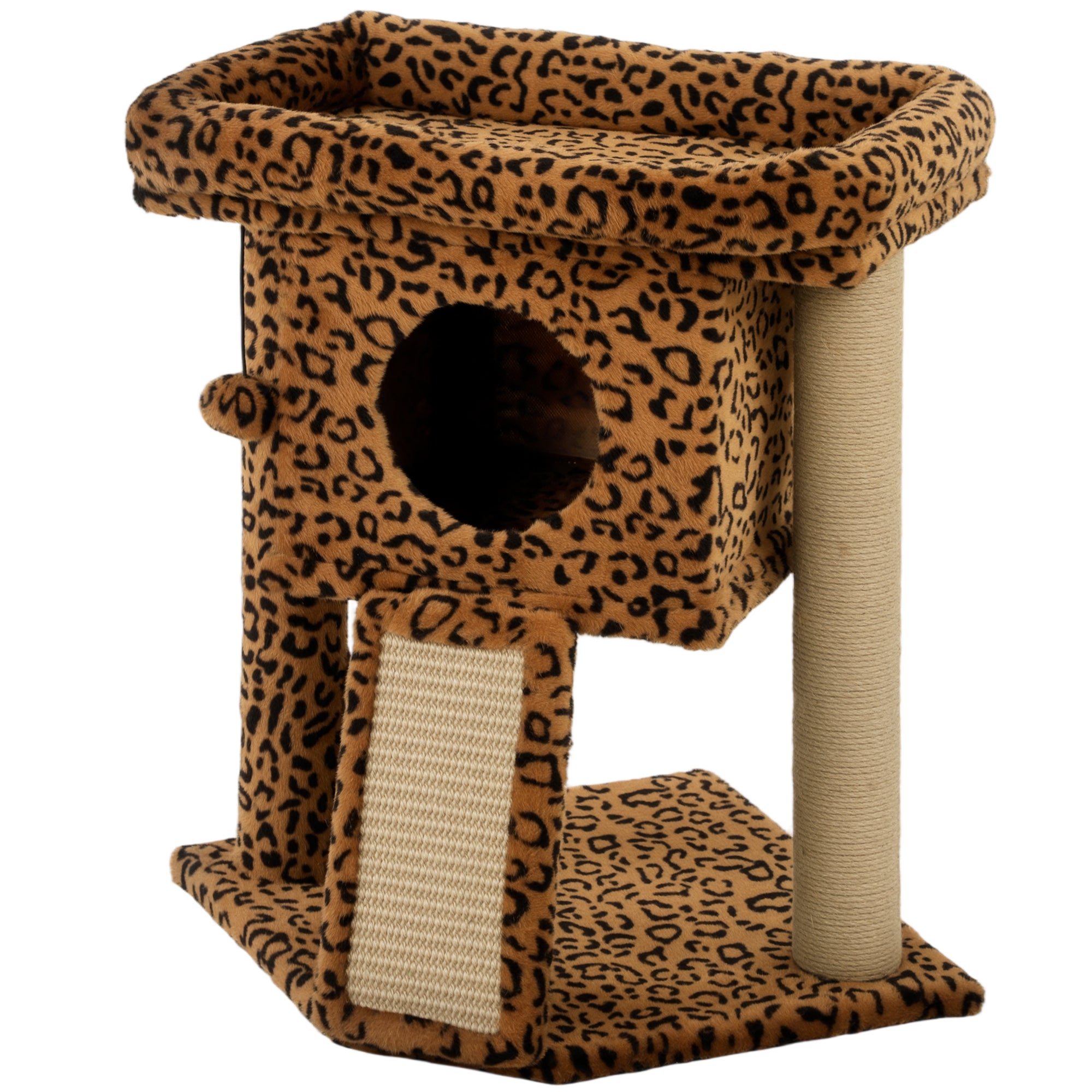 Cat Tree, Small Cat Tower with Perch, Scratching Post, Pet Condo, Toy Ball for Kitty, Indoor Use, Leopard Print