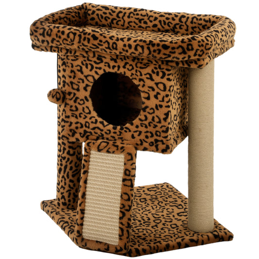 Cat Tree, Small Cat Tower with Perch, Scratching Post, Pet Condo, Toy Ball for Kitty, Indoor Use, Leopard Print