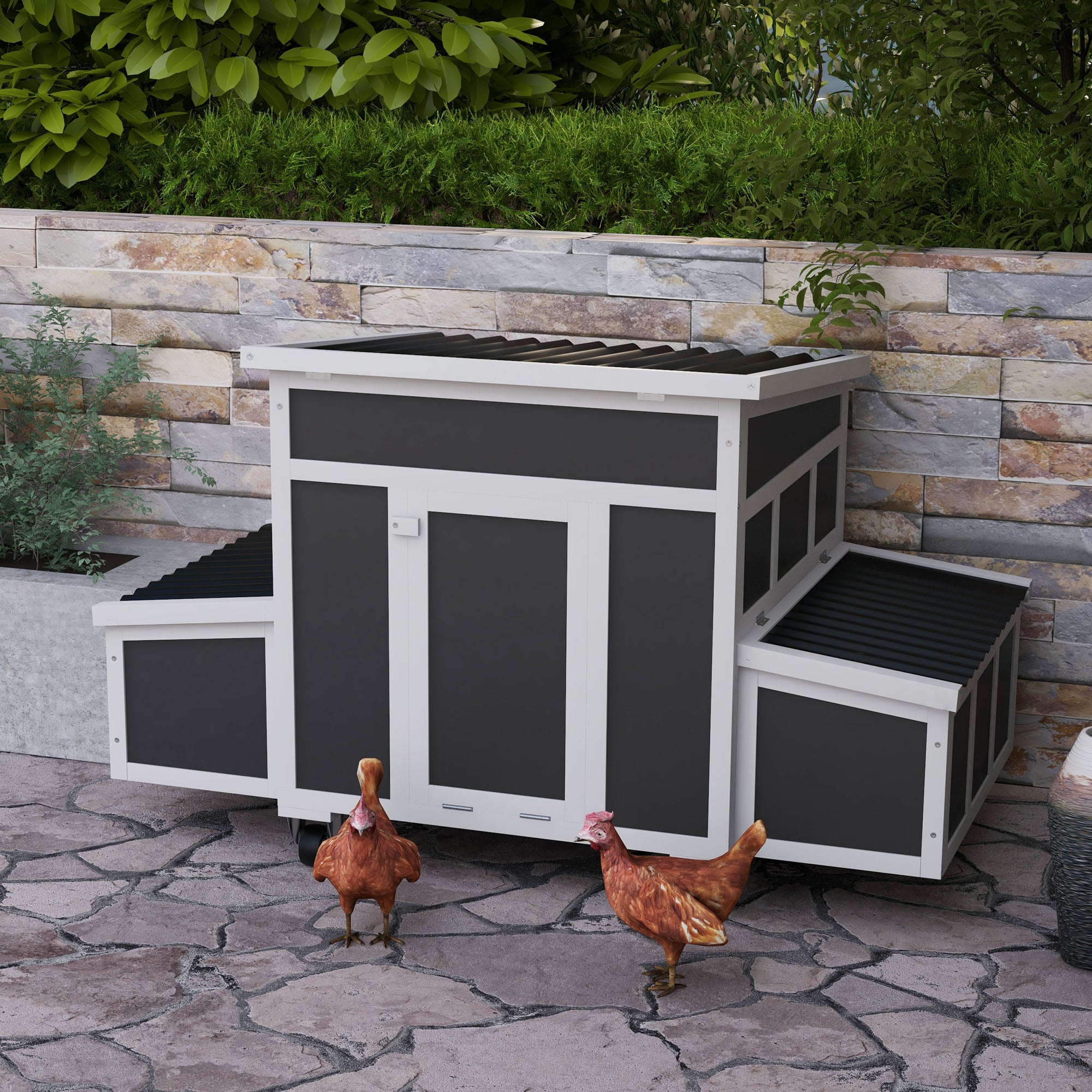 Chicken Coop, Wooden Hen House with Wheels for 6 Chickens, Outdoor Poultry Cage Rabbit Hutch Duck Coop Hen House with Nesting Box, Tray, Windows, Dark Grey