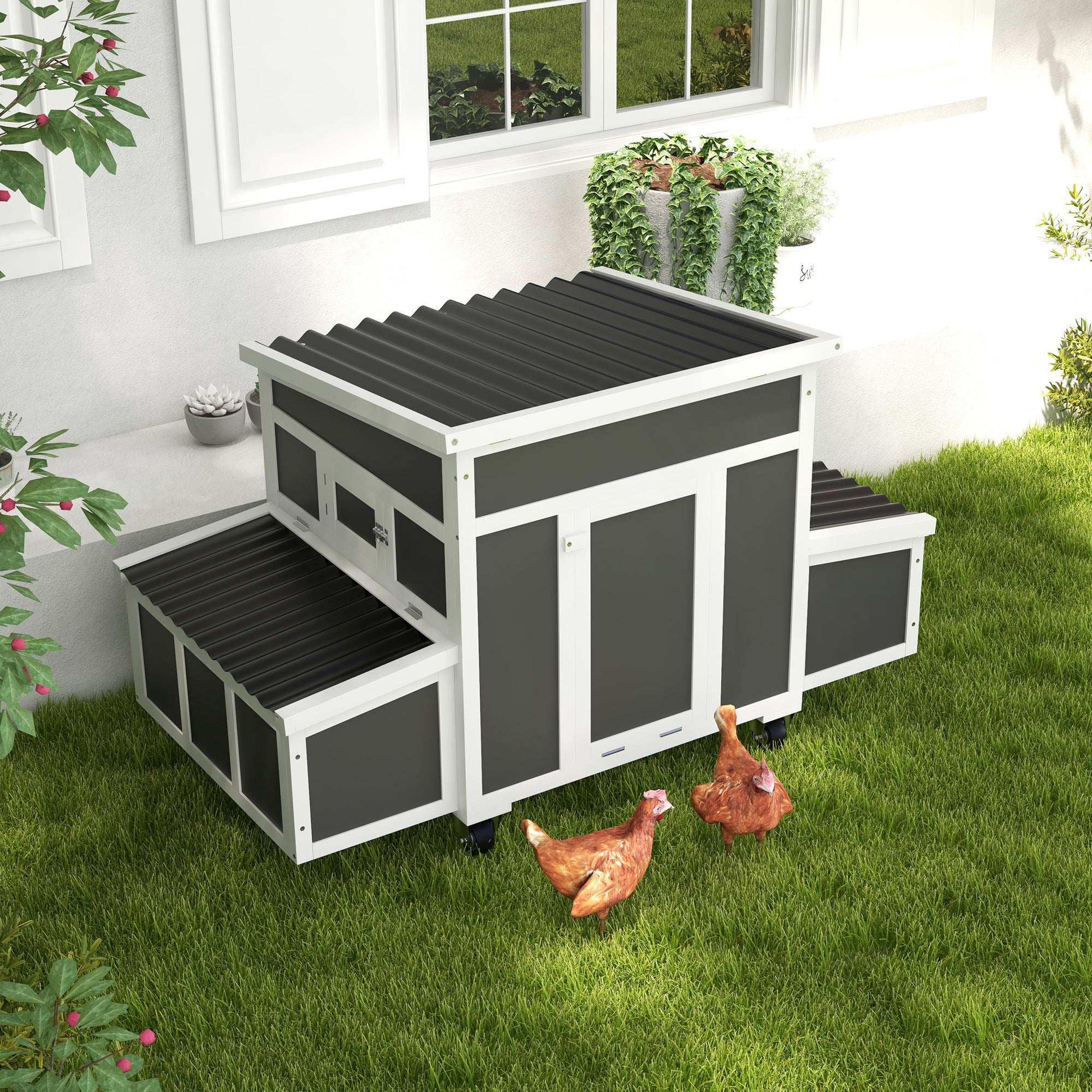 Wooden Chicken Coop, Chicken Tractor for 6 Chickens, Outdoor Poultry Cage Rabbit Hutch Duck Coop Hen House with Nesting Box, Tray, Windows, Dark Gray