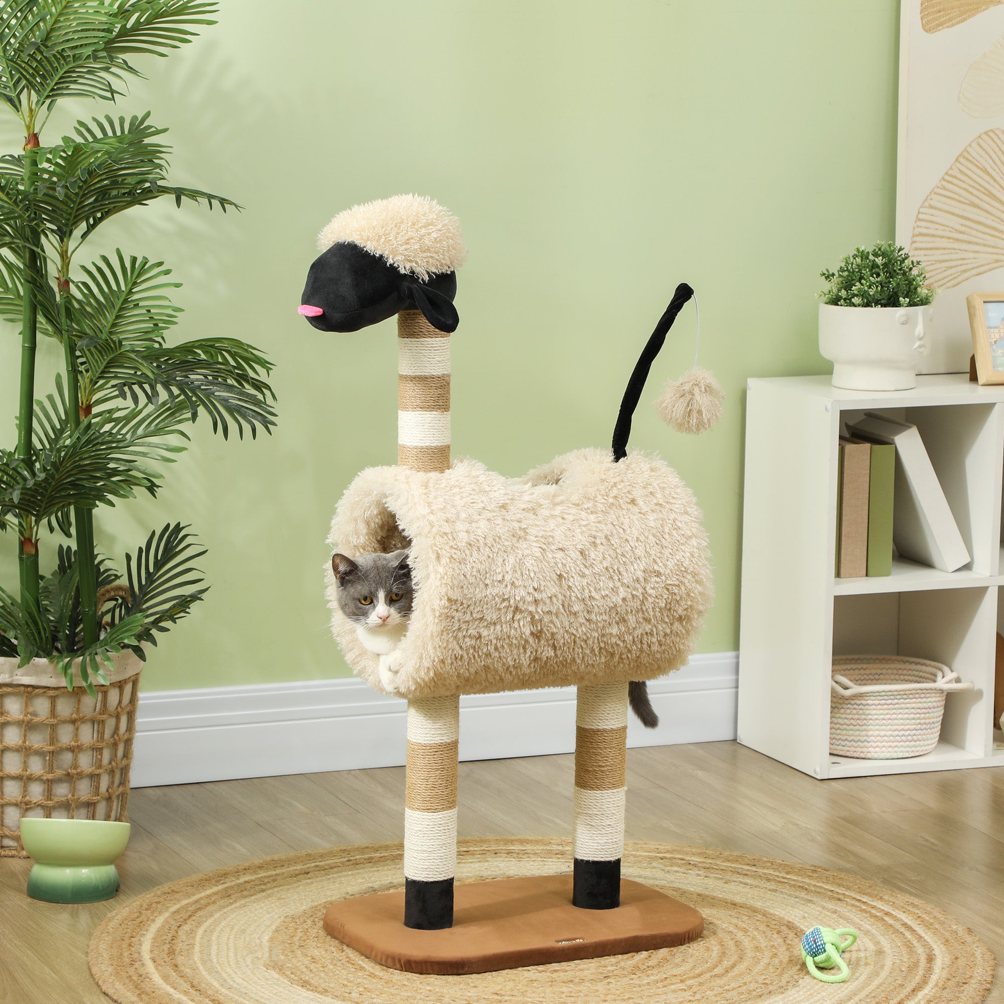 Cat Tree Sheep Design, 98 cm Multi-Level Cat Tower with Scratching Posts, Tunnel & Play Ball for Indoor Kitten Climbing, Playing, Relaxing, Easy Assembly, Light Brown