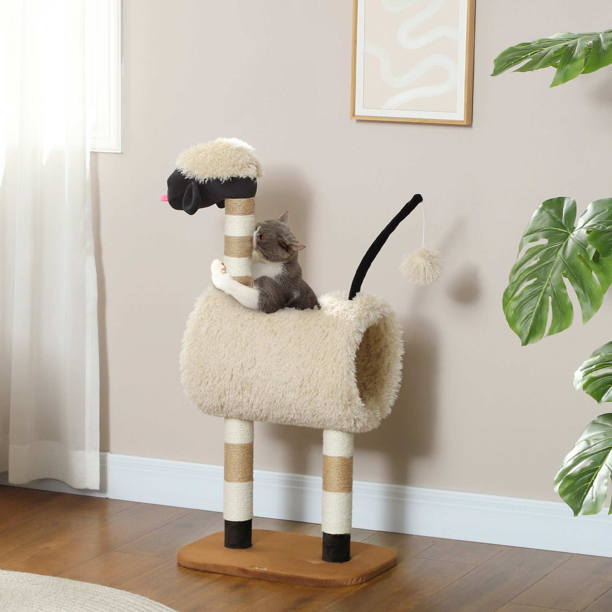 Cat Tree Sheep Design, 98 cm Multi-Level Cat Tower with Scratching Posts, Tunnel & Play Ball for Indoor Kitten Climbing, Playing, Relaxing, Easy Assembly, Light Brown