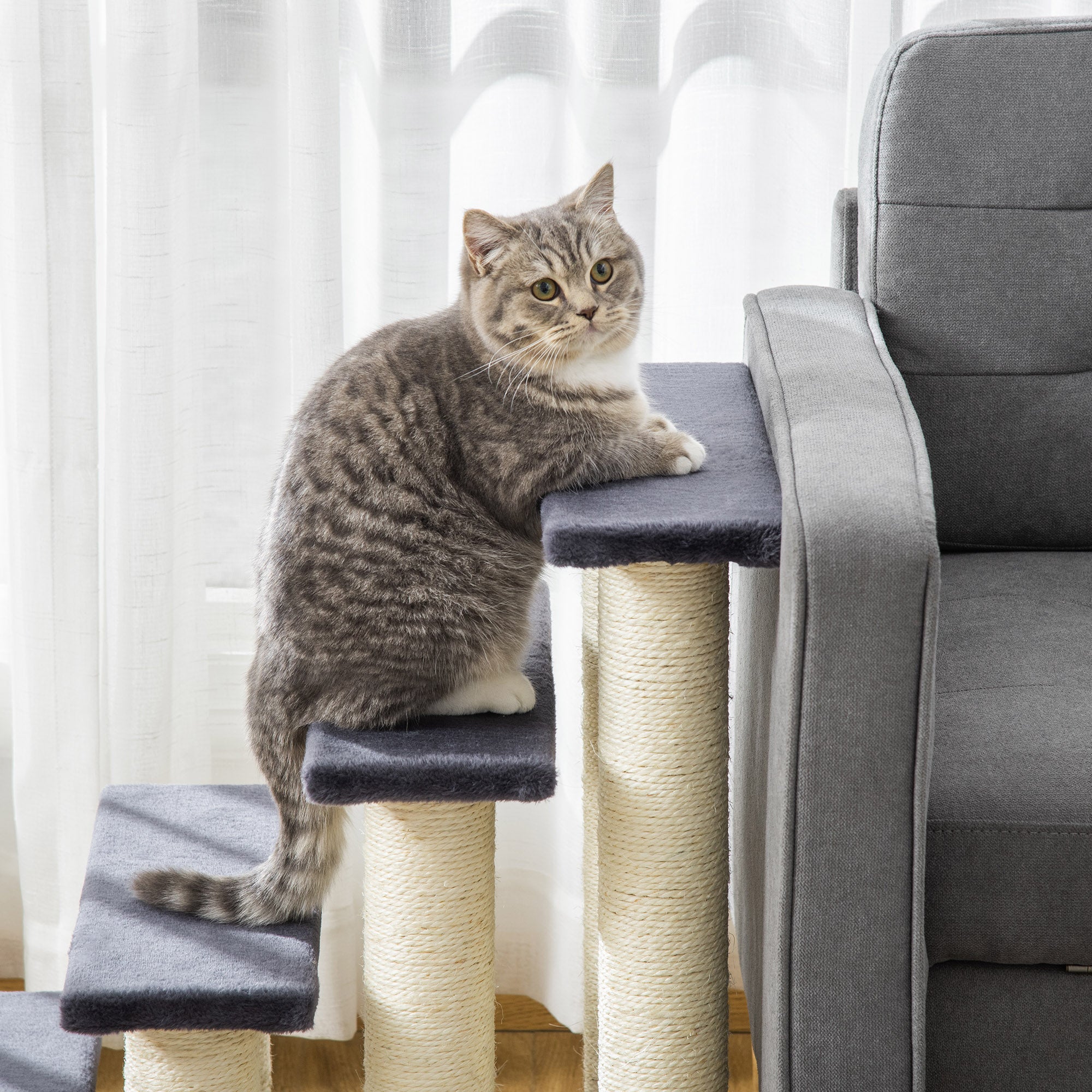 PawHut Cat Tree with 4 Stair Steps for High Beds Couch, Cute Cat Tree for Indoor Cats Dogs w/ Sisal Scratching Post, Climbing, Playing, Gray