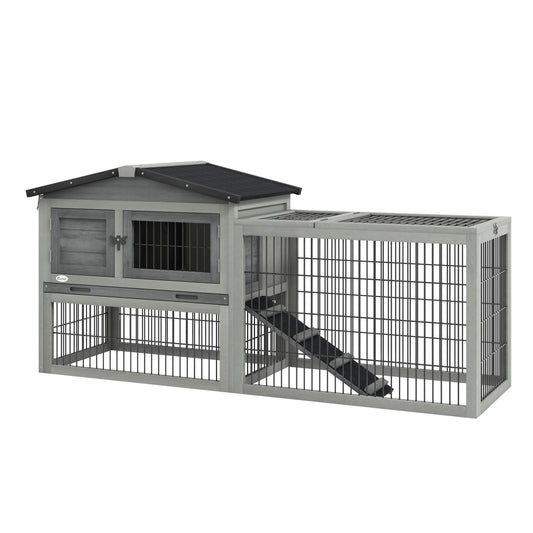 Solid Wood Rabbit Hutch Bunny Cage Pet Guinea Pig House Outdoor Small Animal Habitat w/ Ramp, Weather-Resistant Asphalt Openable Roof, Pull-out Tray, Light Grey