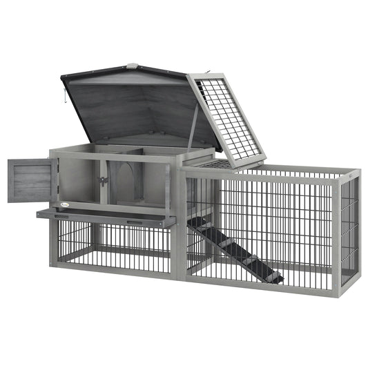 Solid Wood Rabbit Hutch Bunny Cage Pet Guinea Pig House Outdoor Small Animal Habitat w/ Ramp, Weather-Resistant Asphalt Openable Roof, Pull-out Tray, Light Grey