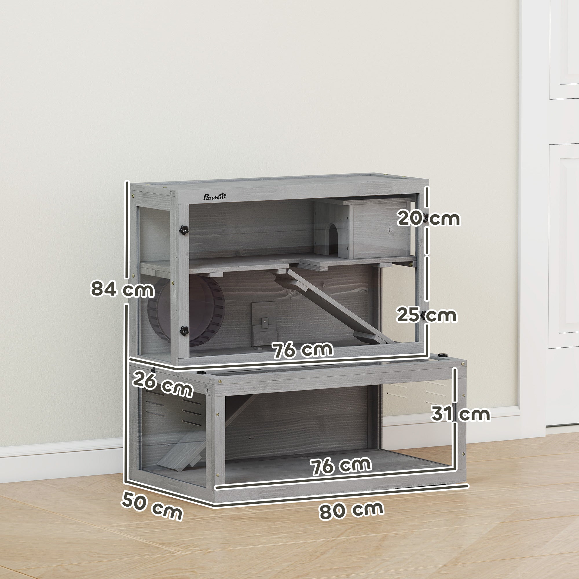 Wooden Hamster Cage, Large Gerbil Cage with Hut, Wheel, Ramps, 3 Tier Small Animal Habitat with Removable Viewing Panels, 80 x 50 x 84 cm, Grey