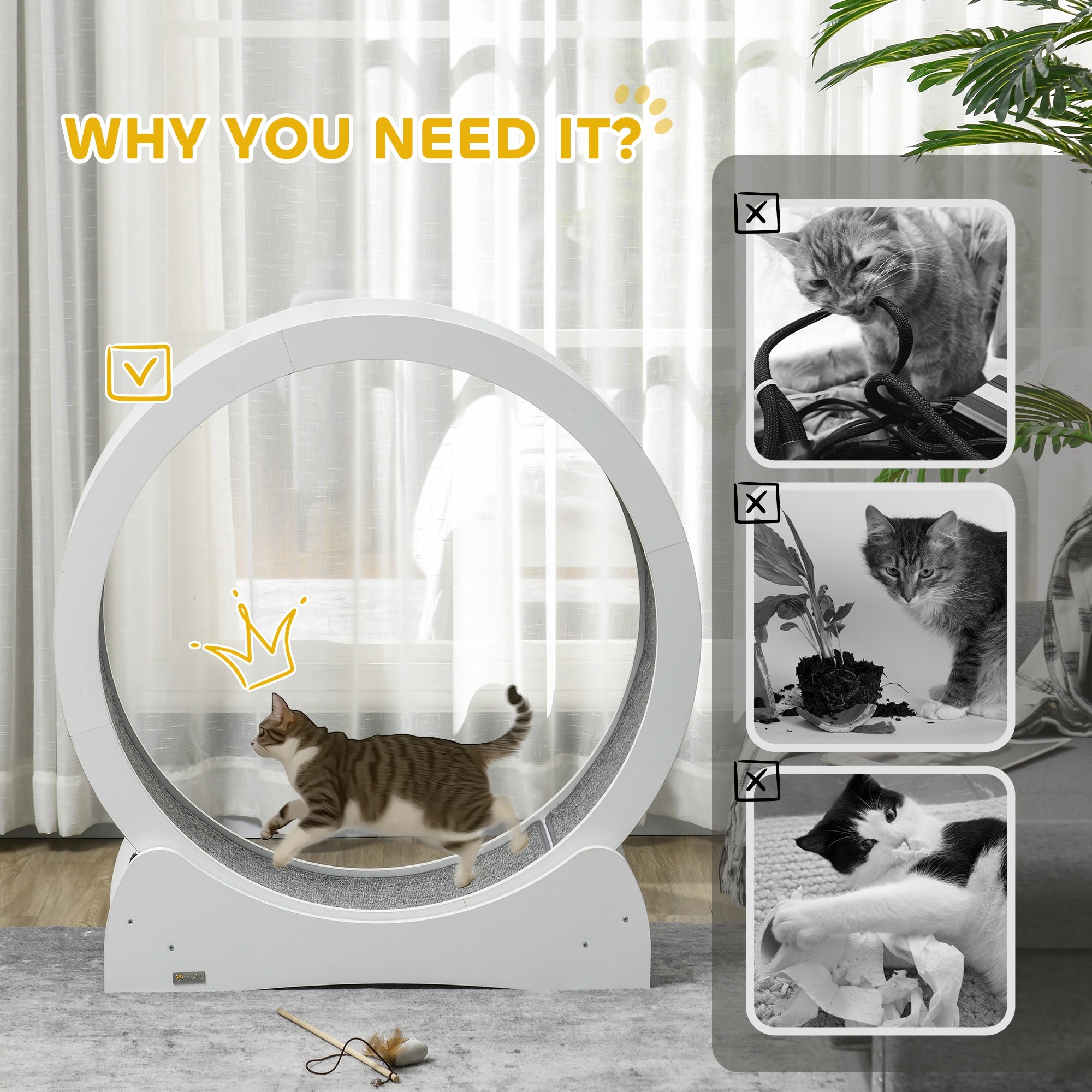 Cat Treadmill, Cat Exercise Wheel, 30 inch Kitten Running Wheel with Brake, Carpeted Runway for Exercise - White