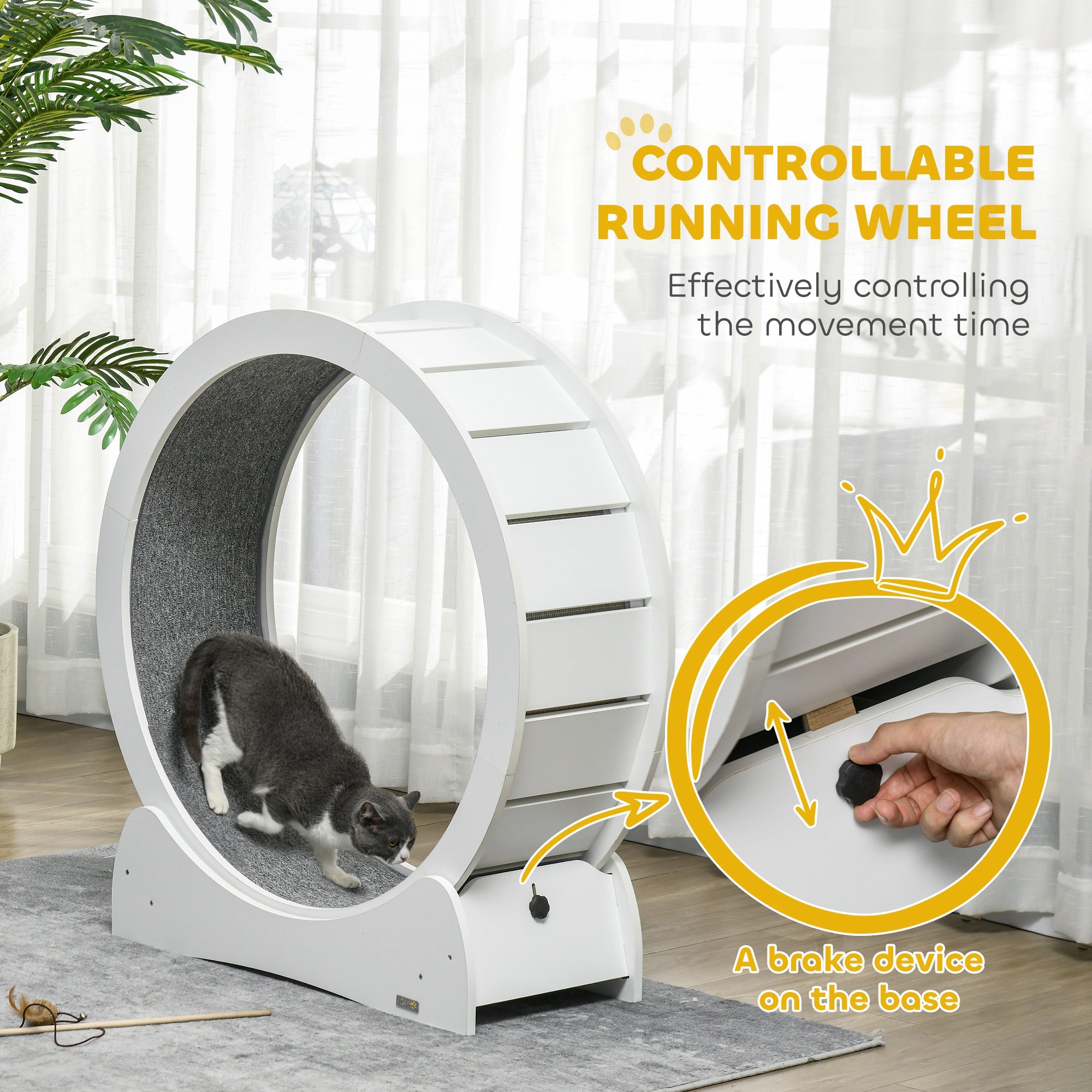 Cat Treadmill, Cat Exercise Wheel, 30 inch Kitten Running Wheel with Brake, Carpeted Runway for Exercise - White