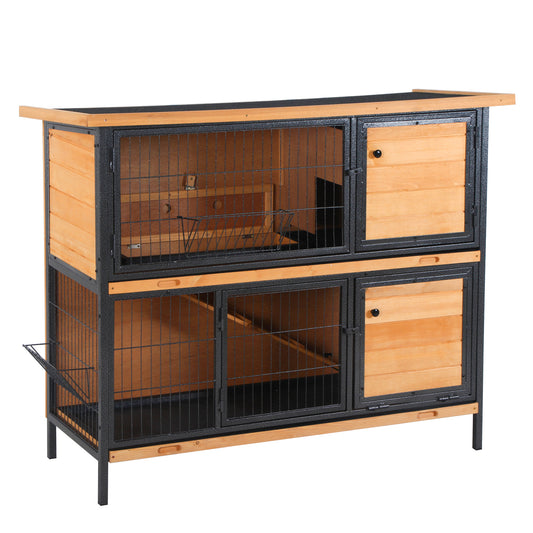 48" 2-Story Large Rabbit Hutch Bunny Cage Wooden Pet House Metal Frame with Rooms, Ramp, No Leak Tray, Feeding Trough, Waterproof Asphalt Roof for Rabbits, Chickens, Ducks, Outdoor/Indoor