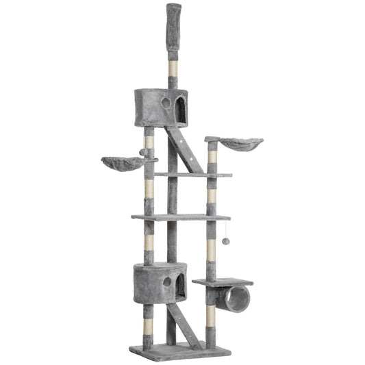 Cat Tower for Large Cats Adult, Floor to Ceiling Cat Tree Adjustable Height 94"-102" Multi-Level with Scratching Posts, Cozy Hammock, Dangling Ball Toy, Light Grey