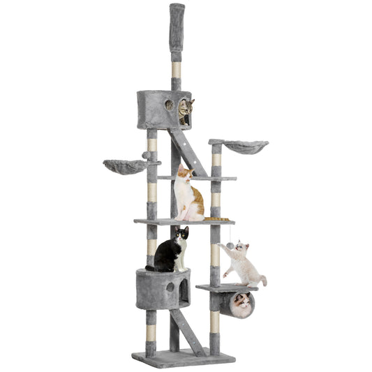 Cat Tower for Large Cats Adult, Floor to Ceiling Cat Tree Adjustable Height 94"-102" Multi-Level with Scratching Posts, Cozy Hammock, Dangling Ball Toy, Light Grey