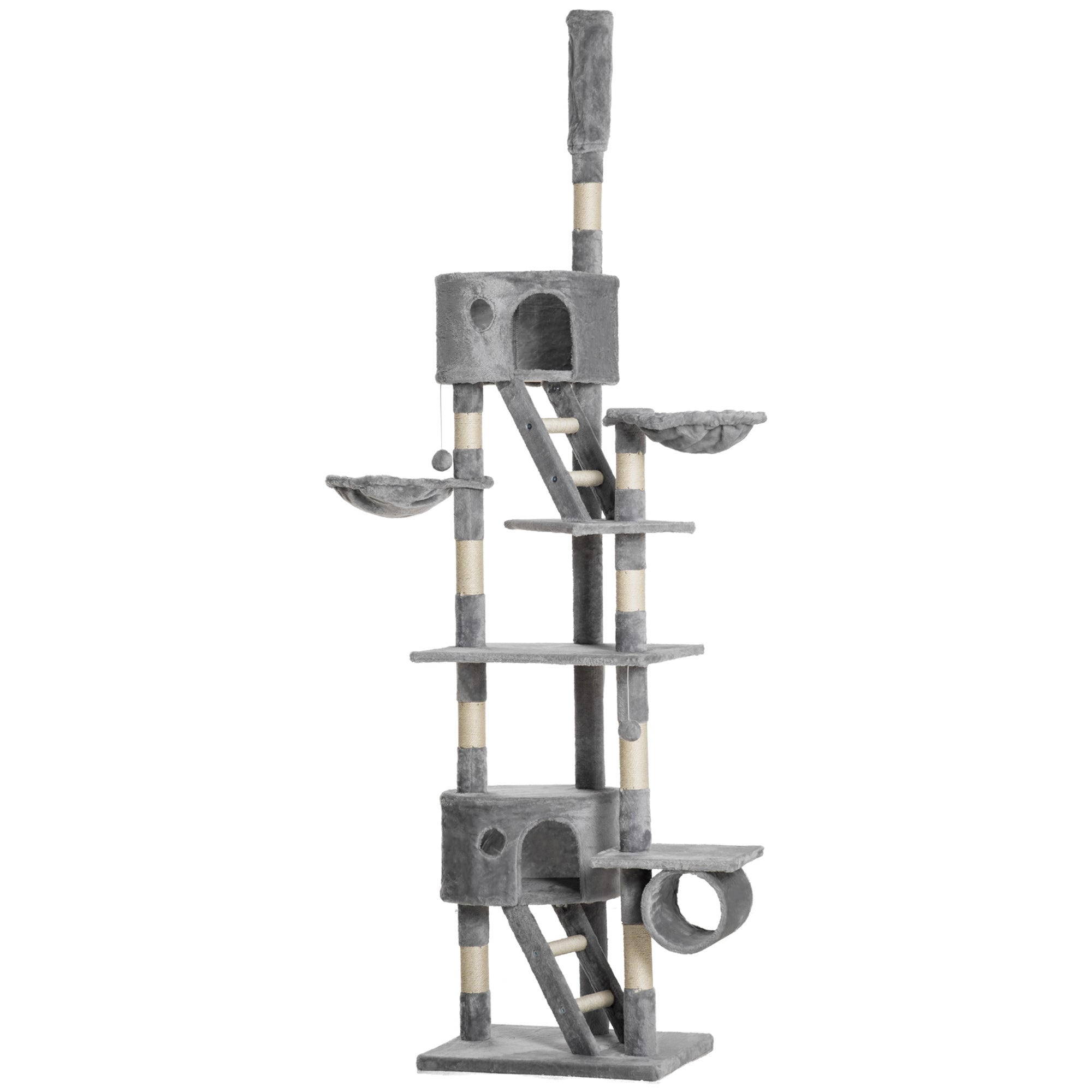 Floor to Ceiling Cat Tree, 240-260cm Adjustable Height Kitten Tower with Scratching Posts, Cat Houses, Ramps, Hammocks, Toy Balls, Tunnel for Indoor Use- Light Grey