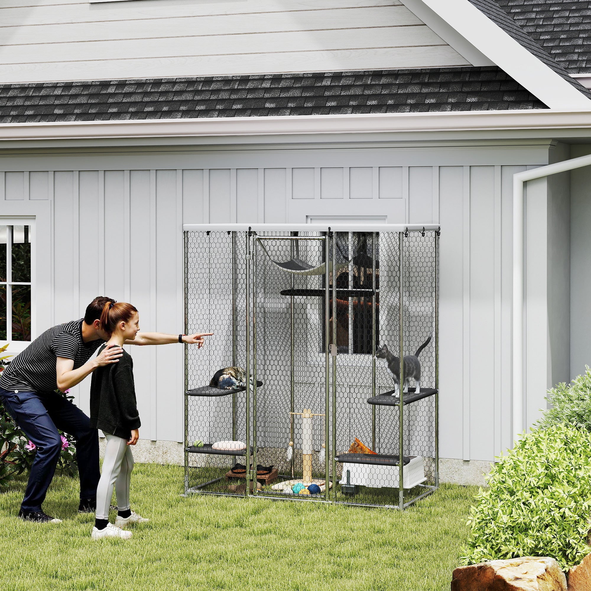 Large Catio Outdoor Cat Enclosure, Galvanized Steel Walk-in Cat Cage for Multiple Kittens, with Waterproof Cover, 5 Adjustable Platforms, Hammock, Metal Chicken Coop Run