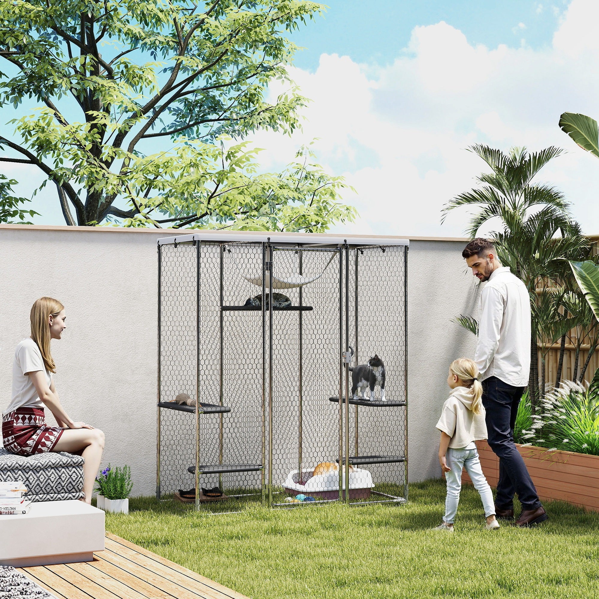 Large Catio Outdoor Cat Enclosure, Galvanized Steel Walk-in Cat Cage for Multiple Kittens, with Waterproof Cover, 5 Adjustable Platforms, Hammock, Metal Chicken Coop Run