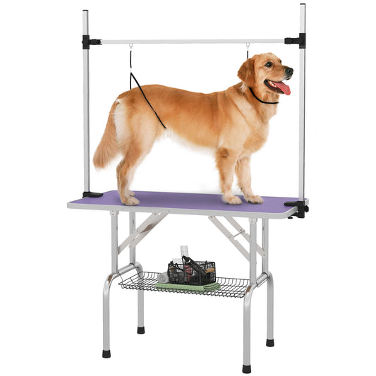 43"L Dog Grooming Table, Pet Foldable Grooming Table with 8"- 32" Adjustable Arm, Two Nooses, Mesh Tray and Rubber Top for Large Medium Small Pets, Purple