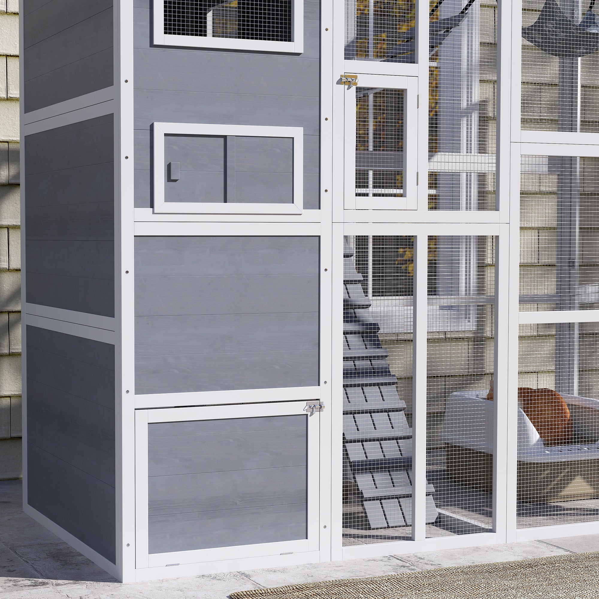 Catio Outdoor Cat Enclosure, 76" L Large Weatherproof Cat House with Cat Condo, Jumping Platforms, Ladder, Ramps, Hammock for 2-3 Indoor Cats, Grey