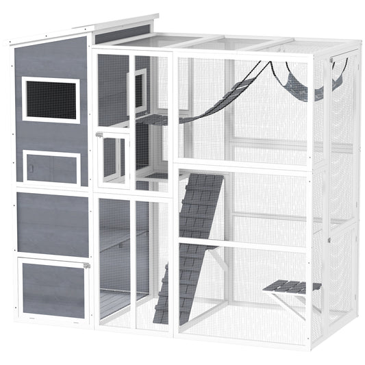 Catio Outdoor Cat Enclosure, 76" L Large Weatherproof Cat House with Cat Condo, Jumping Platforms, Ladder, Ramps, Hammock for 2-3 Indoor Cats, Grey