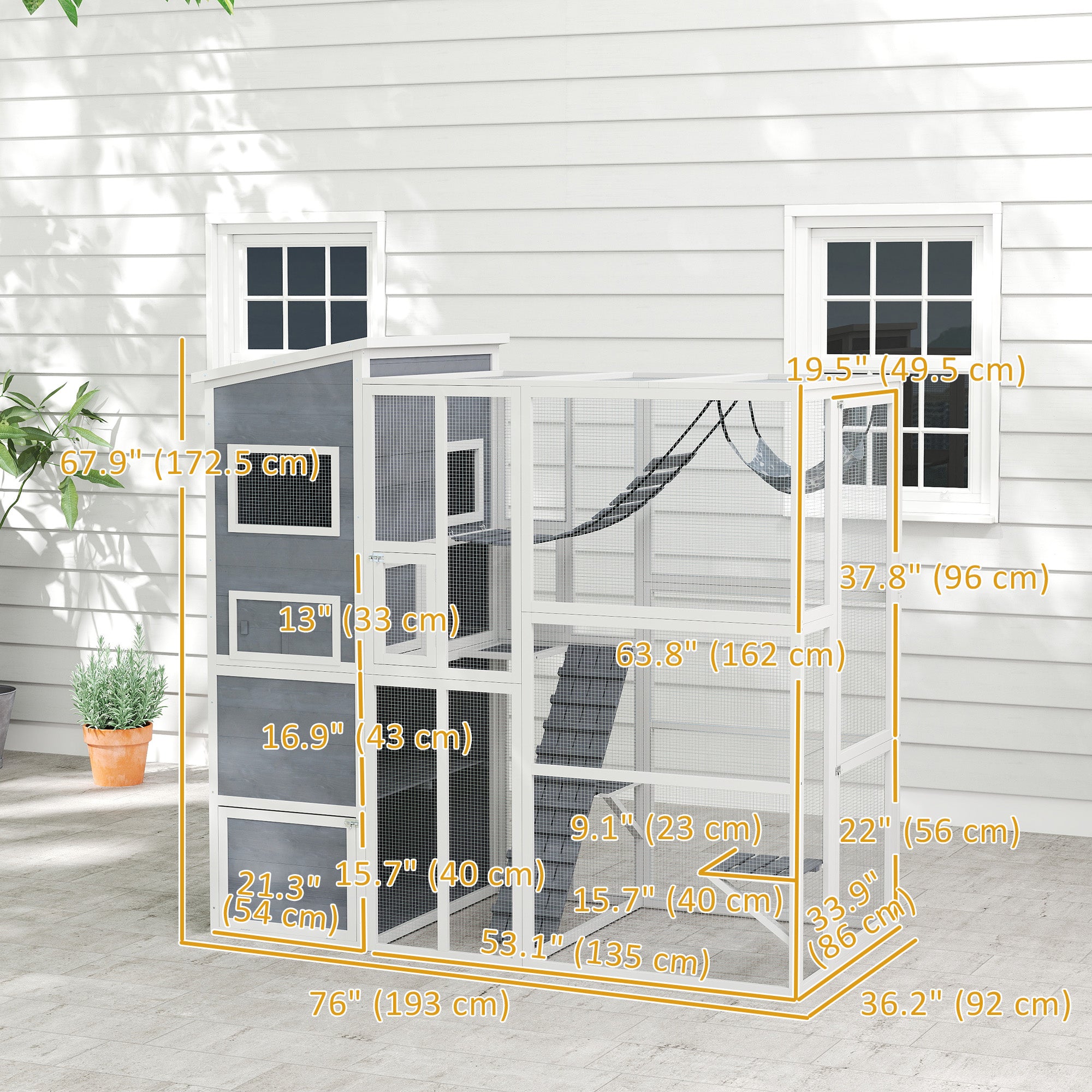 Catio Outdoor Cat Enclosure, 76" L Large Weatherproof Cat House with Cat Condo, Jumping Platforms, Ladder, Ramps, Hammock for 2-3 Indoor Cats, Grey