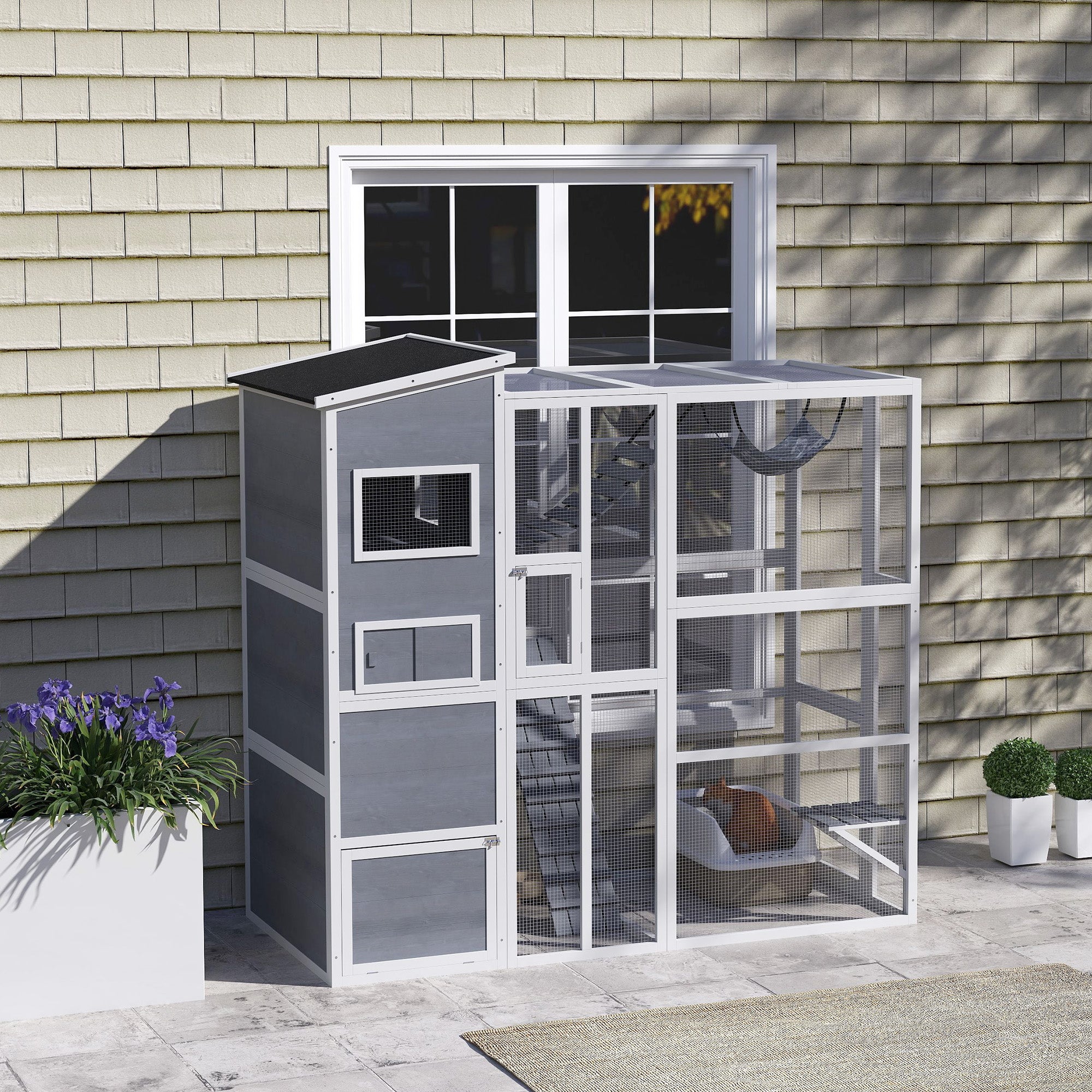 Catio Outdoor Cat Enclosure, 76" L Large Weatherproof Cat House with Cat Condo, Jumping Platforms, Ladder, Ramps, Hammock for 2-3 Indoor Cats, Grey