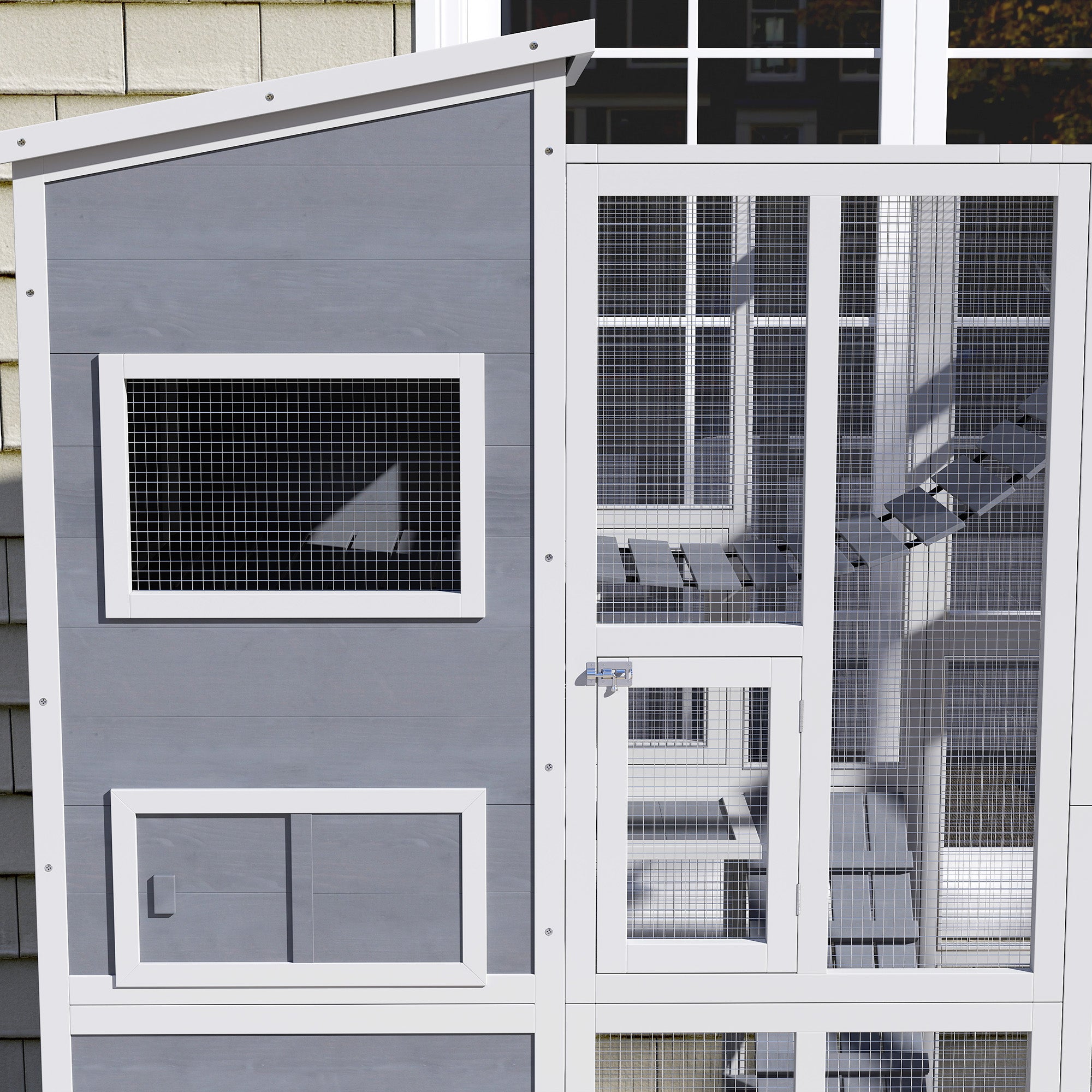 Catio Outdoor Cat Enclosure, 76" L Large Weatherproof Cat House with Cat Condo, Jumping Platforms, Ladder, Ramps, Hammock for 2-3 Indoor Cats, Grey