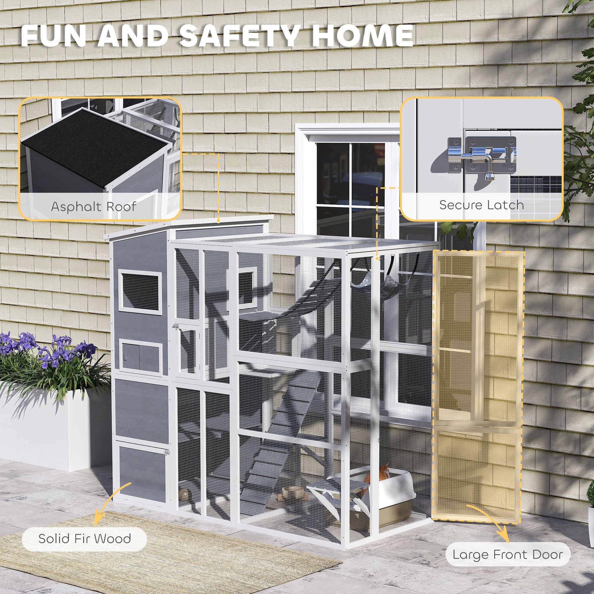 Catio Outdoor Cat Enclosure, 76" L Large Weatherproof Cat House with Cat Condo, Jumping Platforms, Ladder, Ramps, Hammock for 2-3 Indoor Cats, Grey
