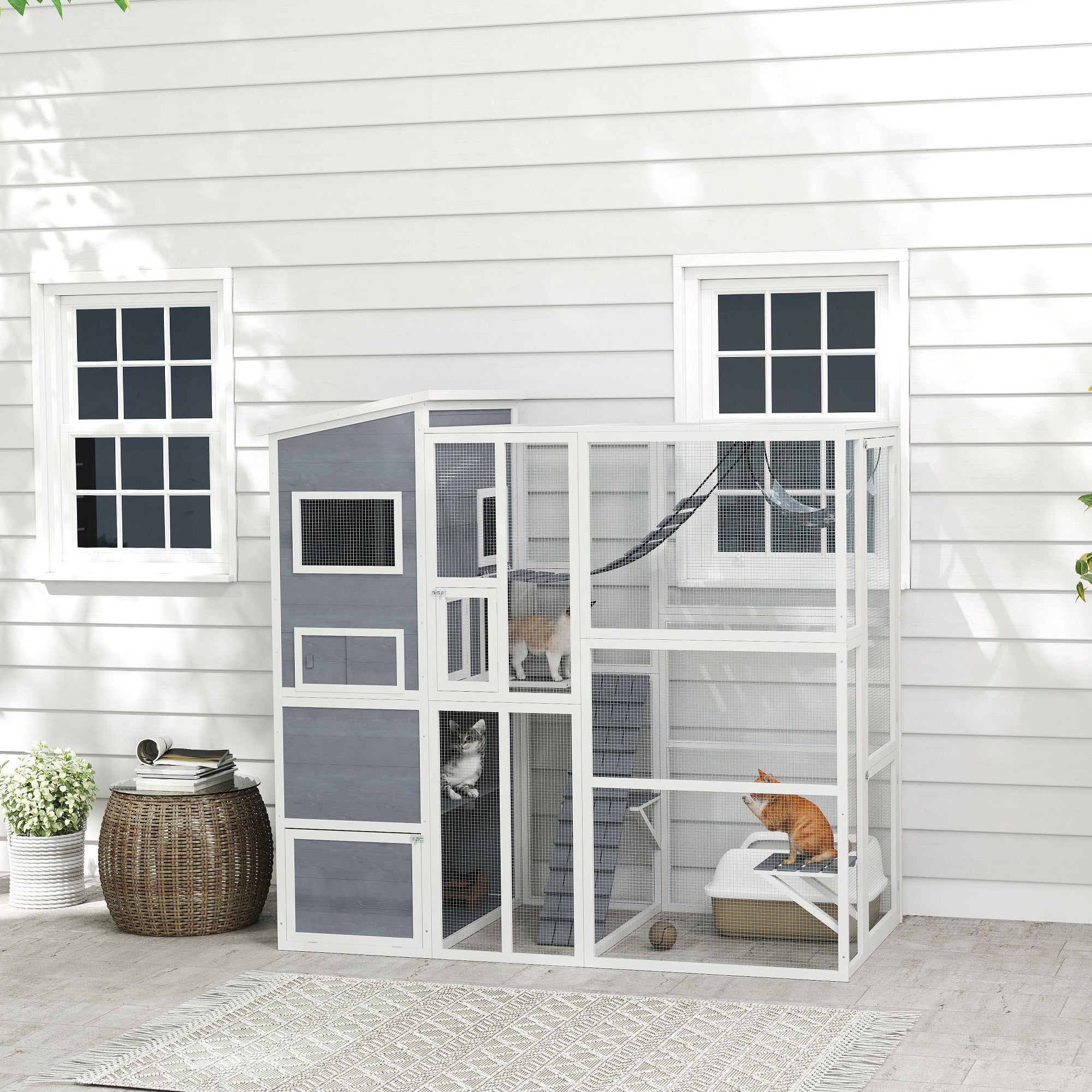 Catio Outdoor Cat Enclosure, 76" L Large Weatherproof Cat House with Cat Condo, Jumping Platforms, Ladder, Ramps, Hammock for 2-3 Indoor Cats, Grey
