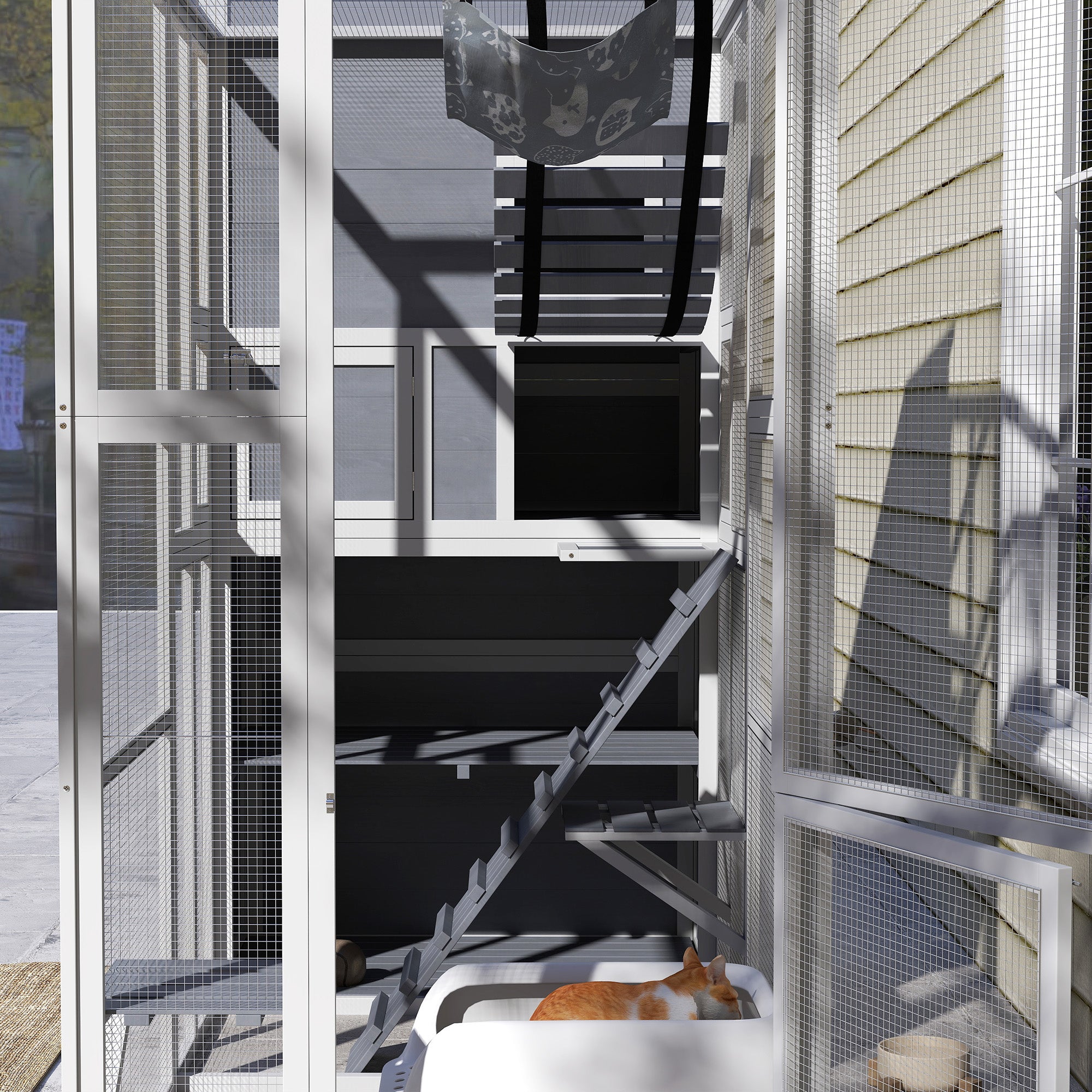 Catio Outdoor Cat Enclosure, 76" L Large Weatherproof Cat House with Cat Condo, Jumping Platforms, Ladder, Ramps, Hammock for 2-3 Indoor Cats, Grey