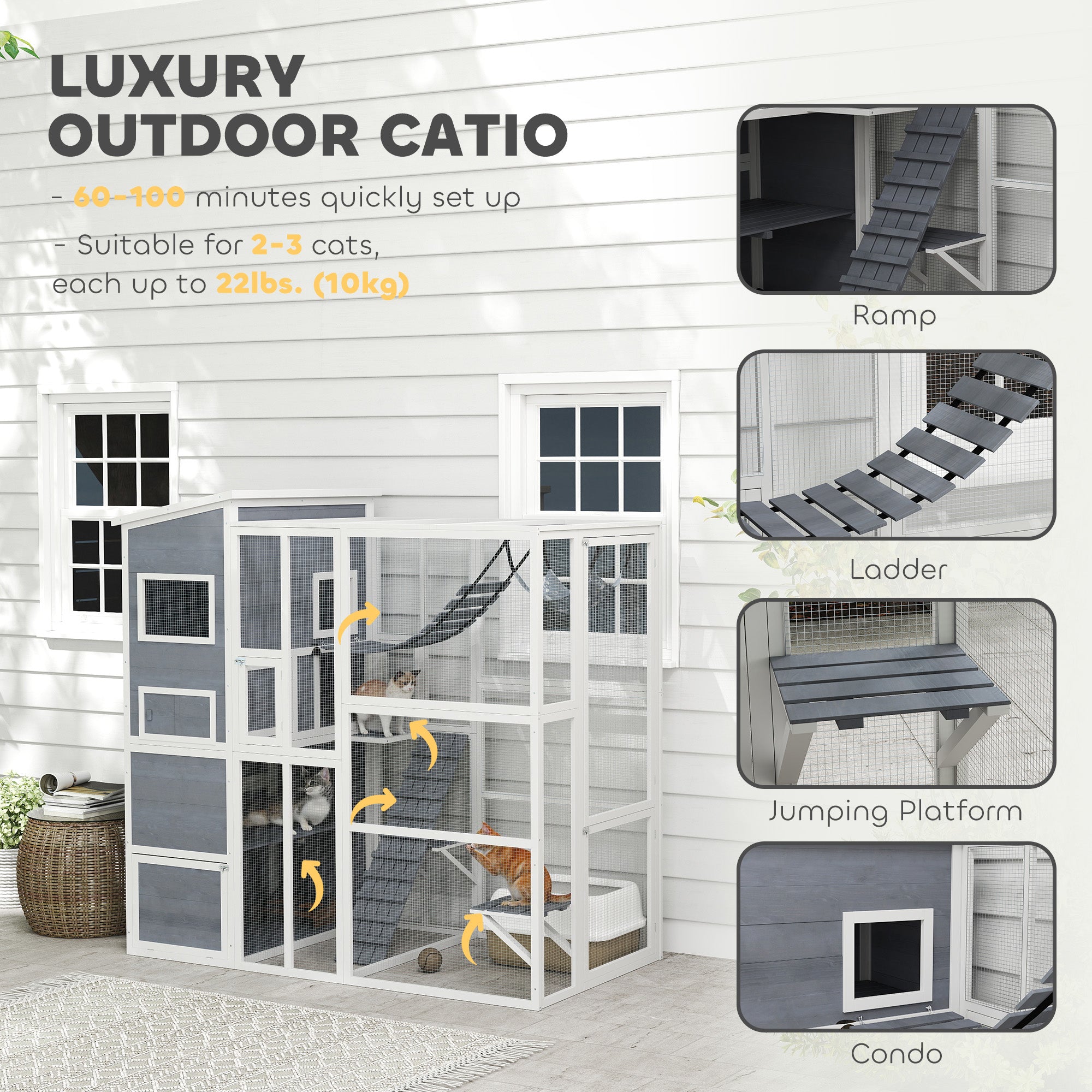 Catio Outdoor Cat Enclosure, 76" L Large Weatherproof Cat House with Cat Condo, Jumping Platforms, Ladder, Ramps, Hammock for 2-3 Indoor Cats, Grey