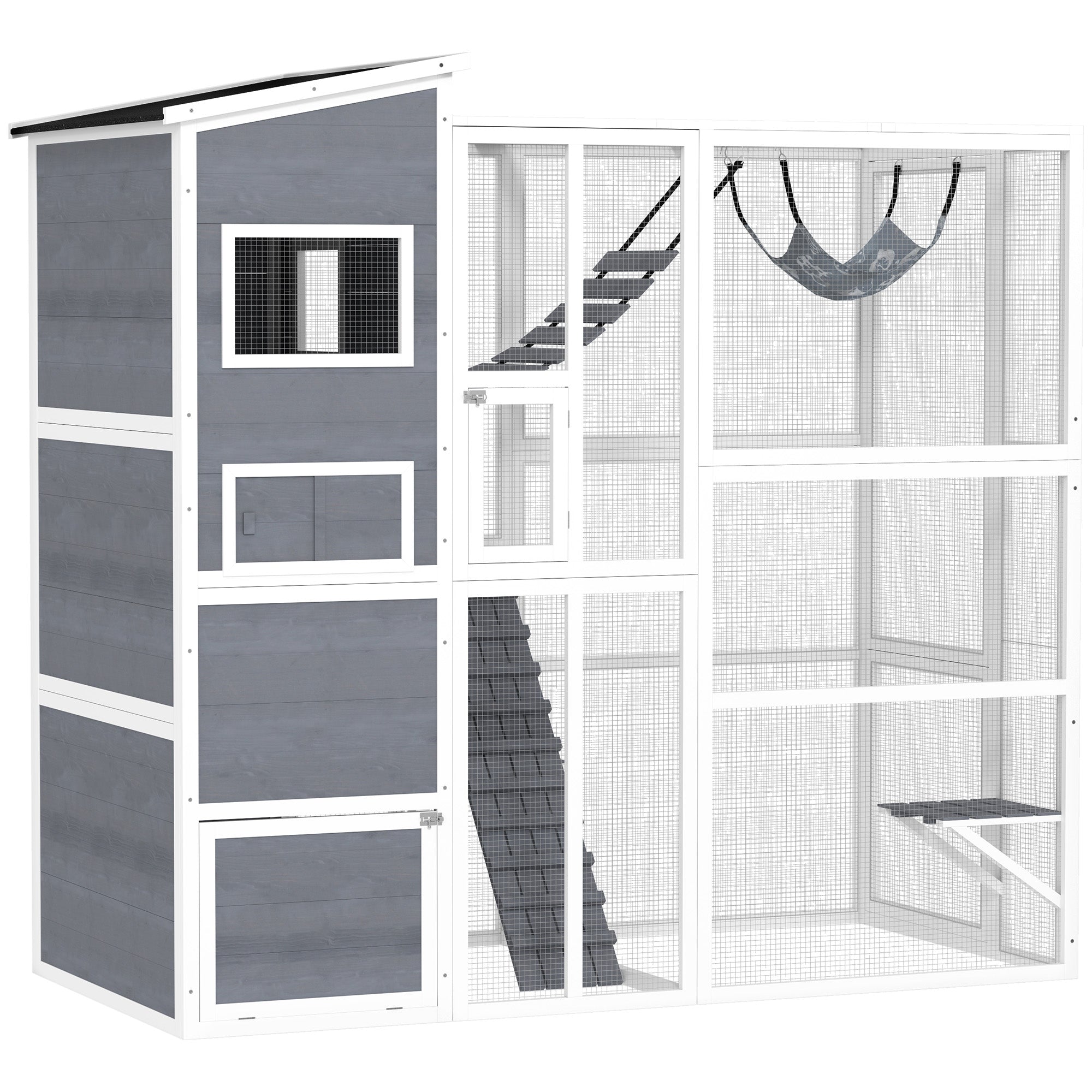Catio Outdoor Cat Enclosure, 76" L Large Weatherproof Cat House with Cat Condo, Jumping Platforms, Ladder, Ramps, Hammock for 2-3 Indoor Cats, Grey