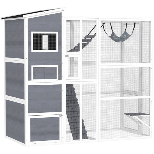 Catio Outdoor Cat Enclosure, 76" L Large Weatherproof Cat House with Cat Condo, Jumping Platforms, Ladder, Ramps, Hammock for 2-3 Indoor Cats, Grey