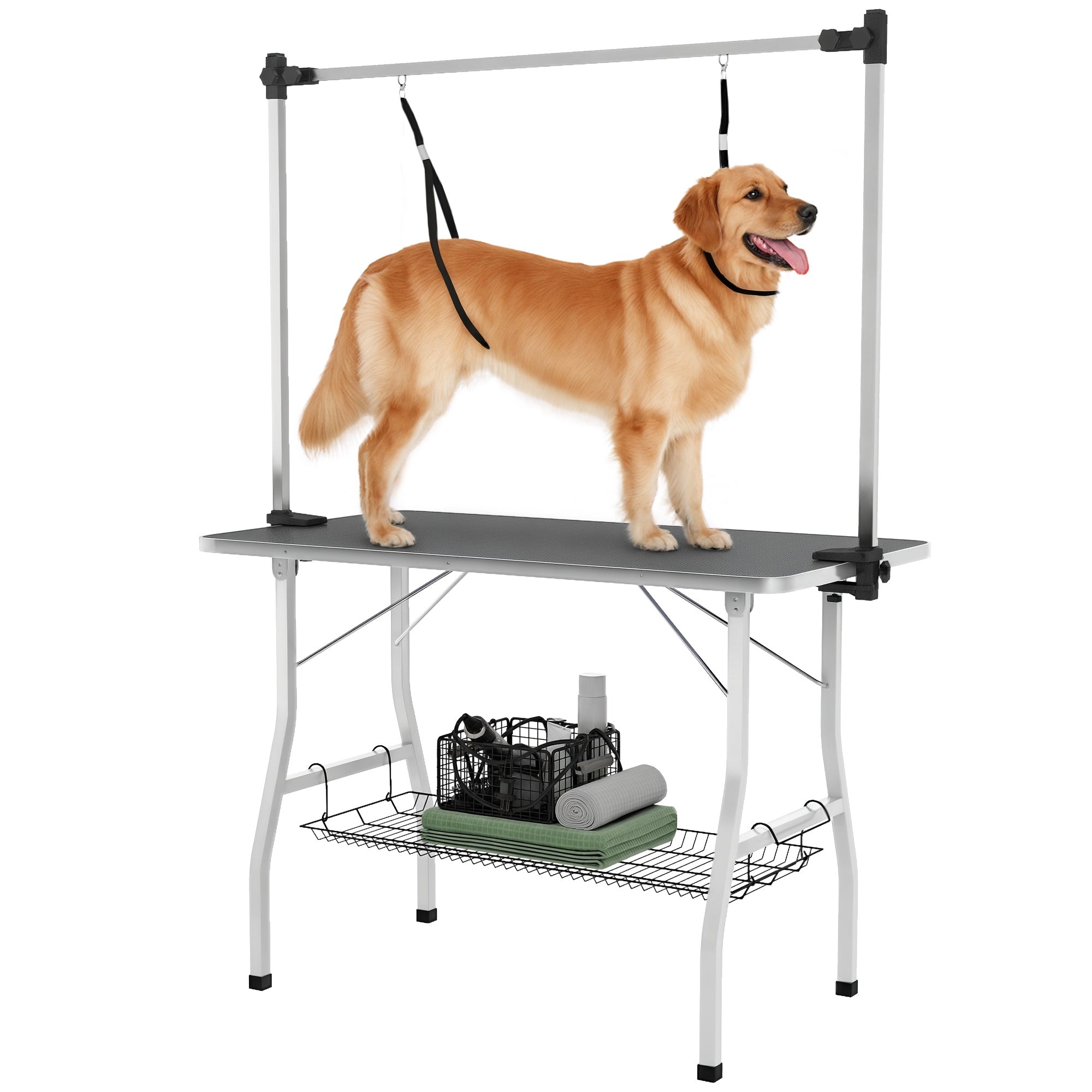 42in Foldable Dog Grooming Table, Pet Grooming Table with Adjustable Grooming Arms, Storage Shelf, Two Nooses, 42" x 24" x 61", Black