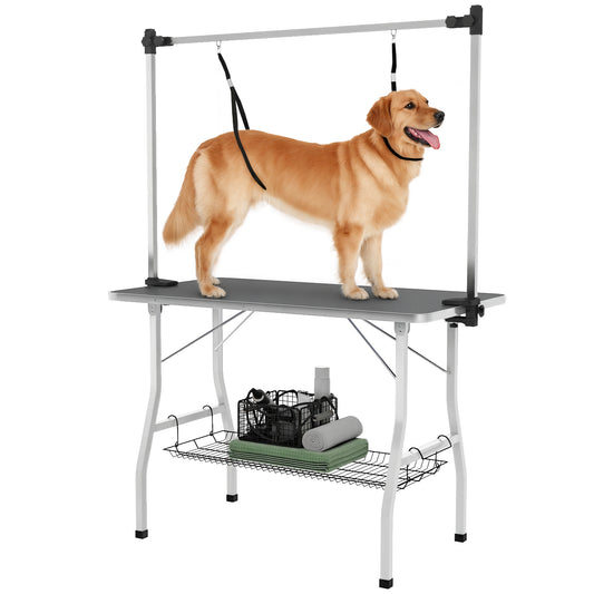 42in Foldable Dog Grooming Table, Pet Grooming Table with Adjustable Grooming Arms, Storage Shelf, Two Nooses, 42" x 24" x 61", Black