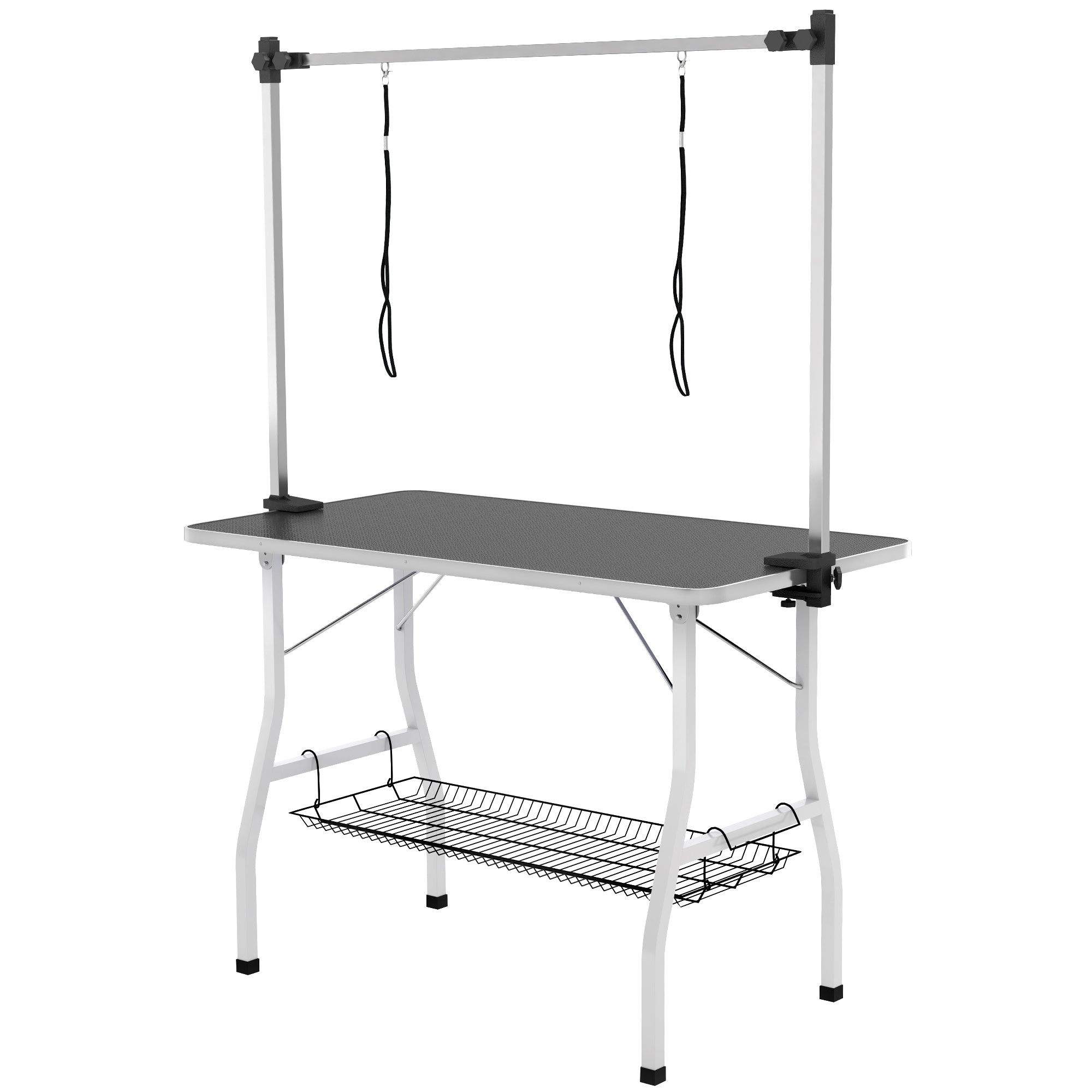 42in Foldable Dog Grooming Table, Pet Grooming Table with Adjustable Grooming Arms, Storage Shelf, Two Nooses, 42" x 24" x 61", Black