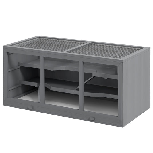 PawHut Extra Large Wooden Hamster Cage, Gerbil Cage, and Other Small Animal Habitat, Hamster Habitat with Opening Roof, Hut, Ramps, Gray