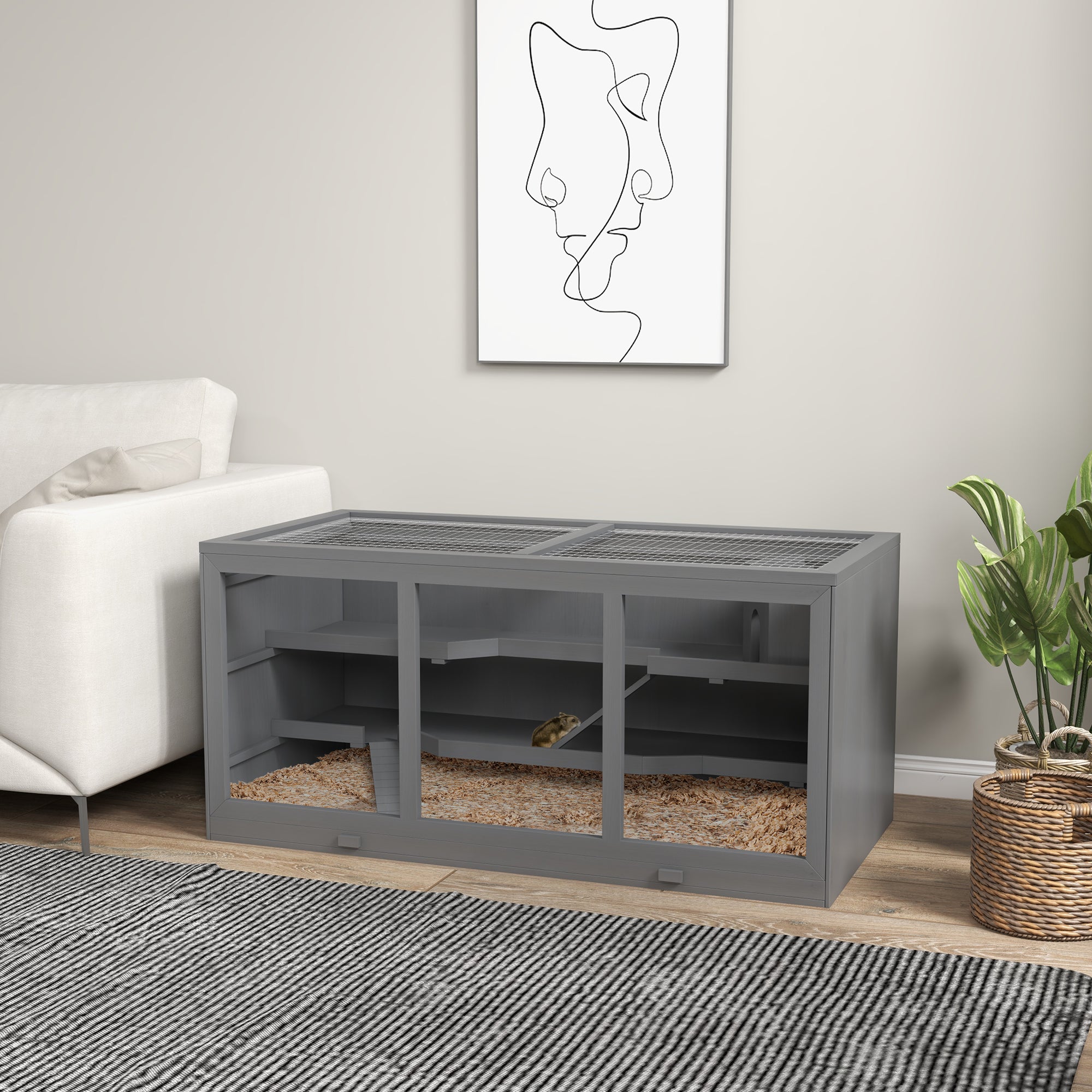 Wooden Hamster Cage, Small Animals Hutch with Tray, Openable Top, Exercise Run, Grey