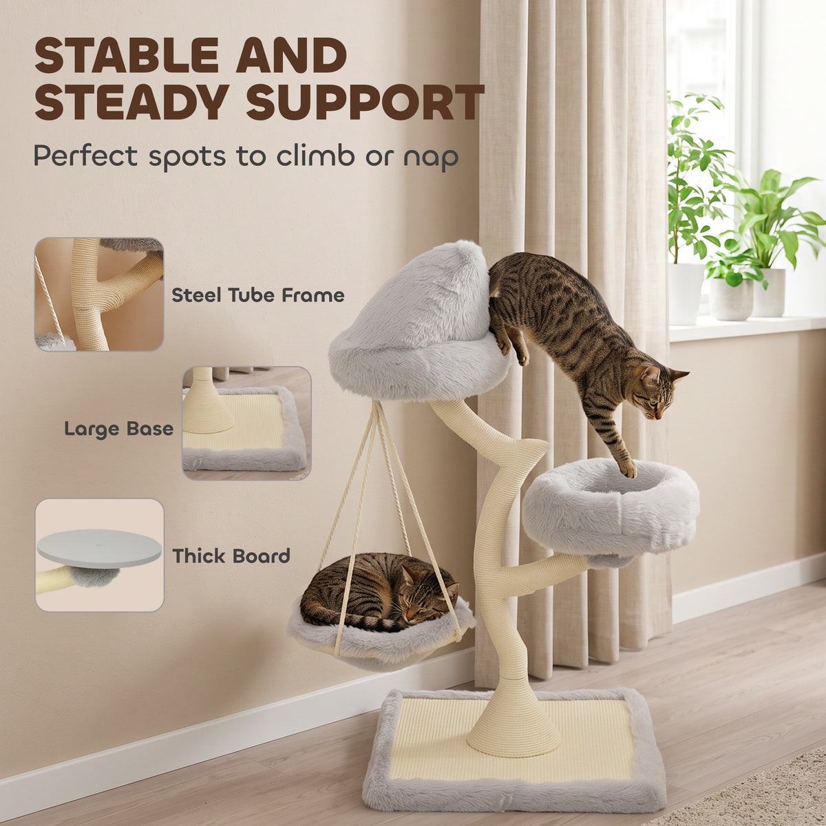 Modern Cat Tree Tower 115 cm Branch Design with Washable Beds, Cat Tower with Sisal Scratching Post, Holds 1 Cat up to 6kg