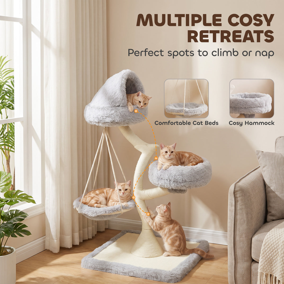 Modern Cat Tree Tower 115 cm Branch Design with Washable Beds, Cat Tower with Sisal Scratching Post, Holds 1 Cat up to 6kg
