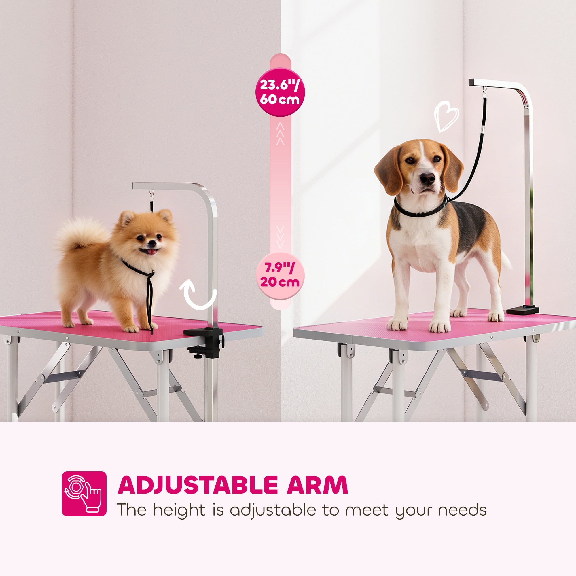 32in Foldable Dog Grooming Table for Small Medium Dogs, Pet Grooming Table for Cats Puppies with Adjustable Arm, Noose and Non-Slip Surface, Pink