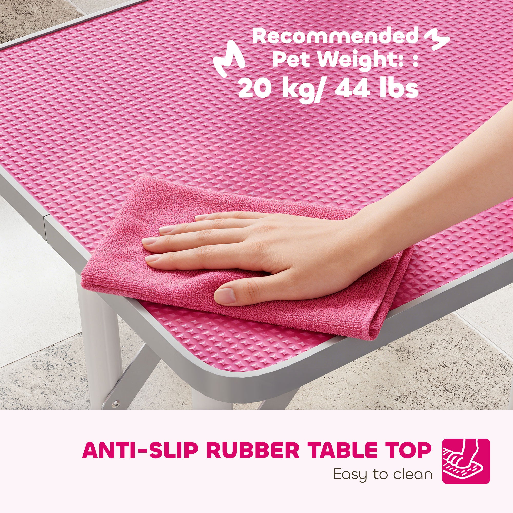 Foldable Dog Grooming Table, 32" Portable Pet Grooming Table with Height Adjustable Arm and Anti-Slip Rubber Top for Small Medium Dogs and Cats, Pink