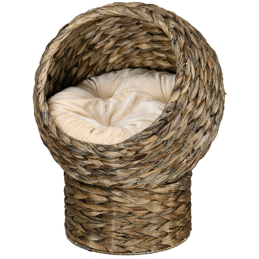Wicker Cat Bed, Elevated Rattan Kitten Bed with Cushion, Handwoven Cat Egg Chair Kitty House with Stand for Indoor Cats, Grey