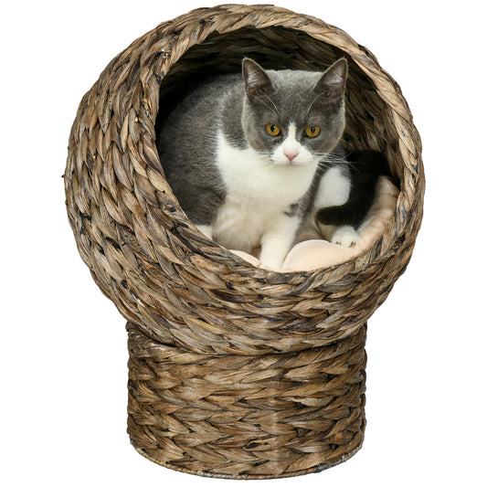 Wicker Cat Bed, Elevated Rattan Kitten Bed with Cushion, Handwoven Cat Egg Chair Kitty House with Stand for Indoor Cats, Grey