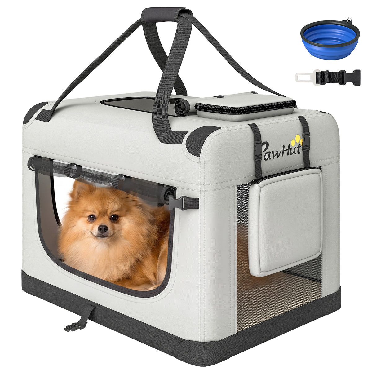 Pet Carrier Bag, Soft-Sided Dog Carrier for Small Dogs, Portable Pet Travel Bag with Security Buckle Strap, Mesh Windows, Washable Cushion and Bowl, Light Grey
