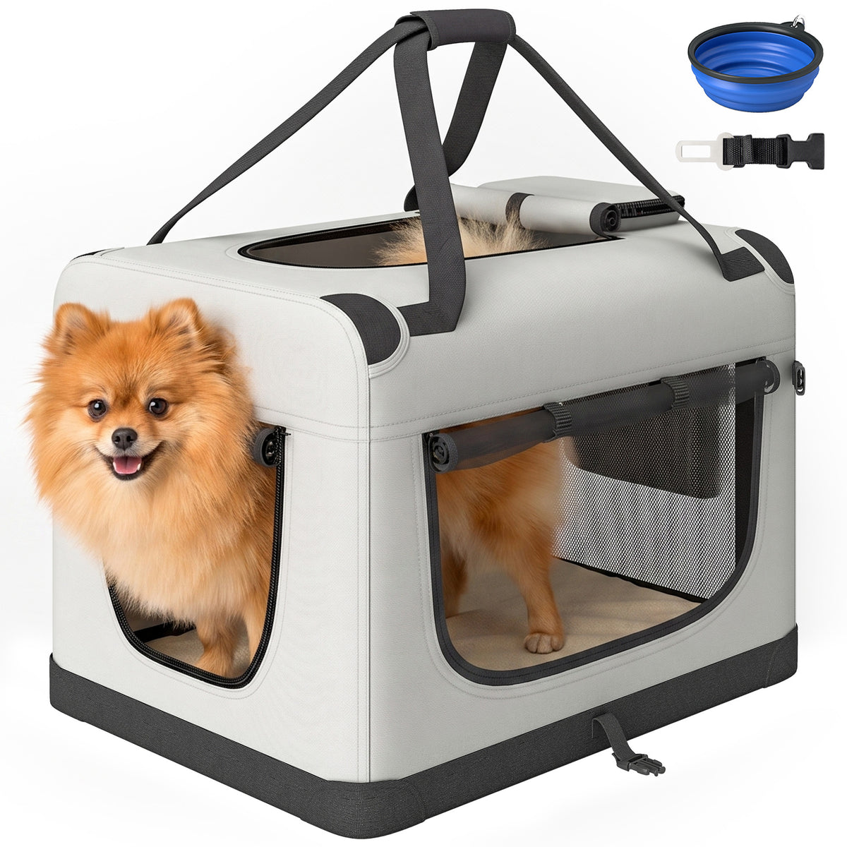 Pet Carrier Bag, Soft-Sided Dog Carrier for Small Dogs, Portable Pet Travel Bag with Security Buckle Strap, Mesh Windows, Washable Cushion and Bowl, Light Grey