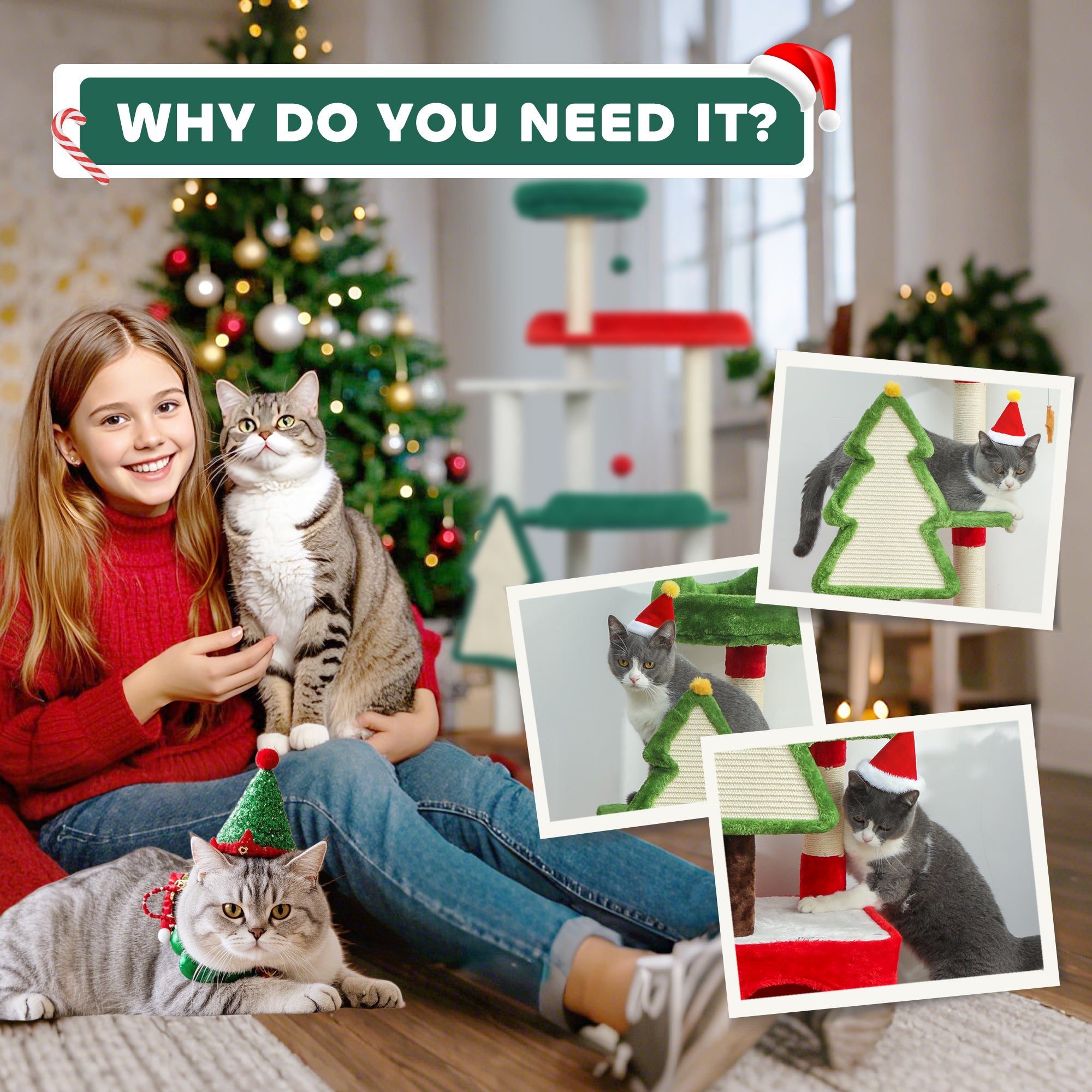 Christmas Cat Tree, 103cm Multilevel Cat Climbing Tower with Scratching Post and Board, Condo, Platform and Toys, Kitty Activity Centre for Indoor Kittens, Green