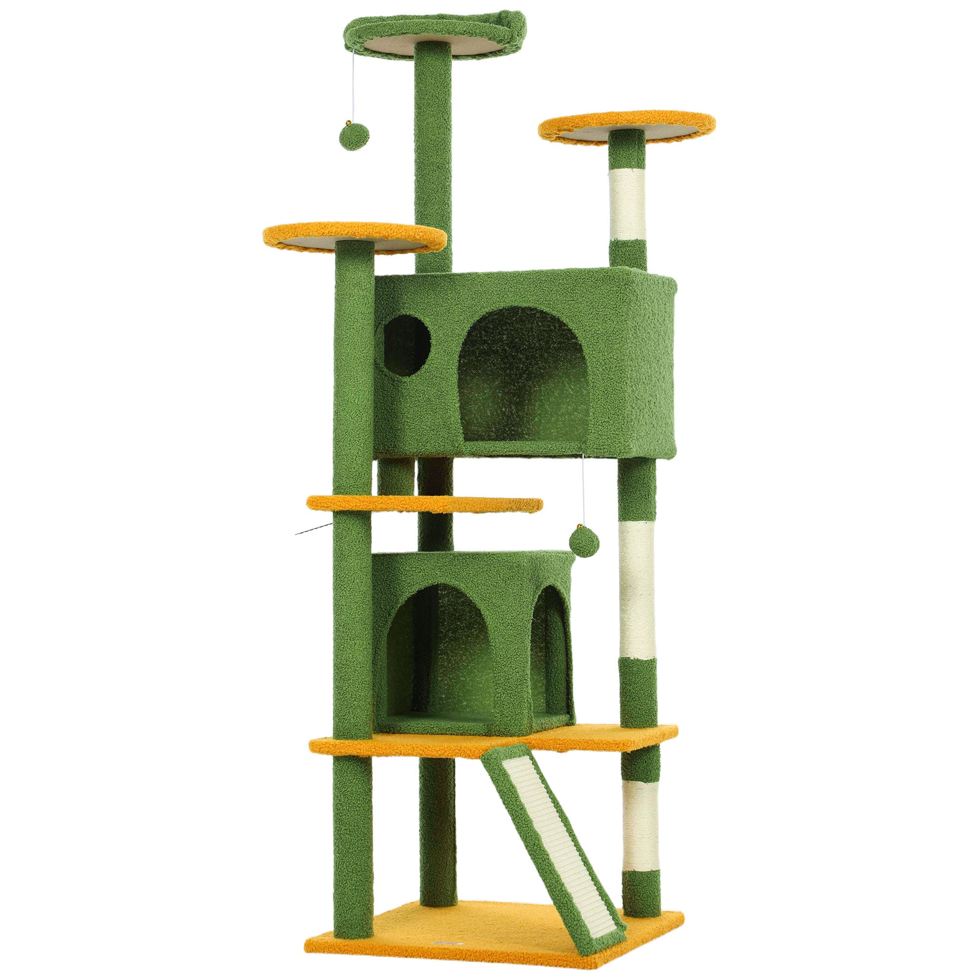 63" Cat Tree, Cat Tower for Indoor Cats with Scratching Posts, Cat Condos, Bed, Platforms, Ramp, Toy Ball, Cat Activity Center, Green