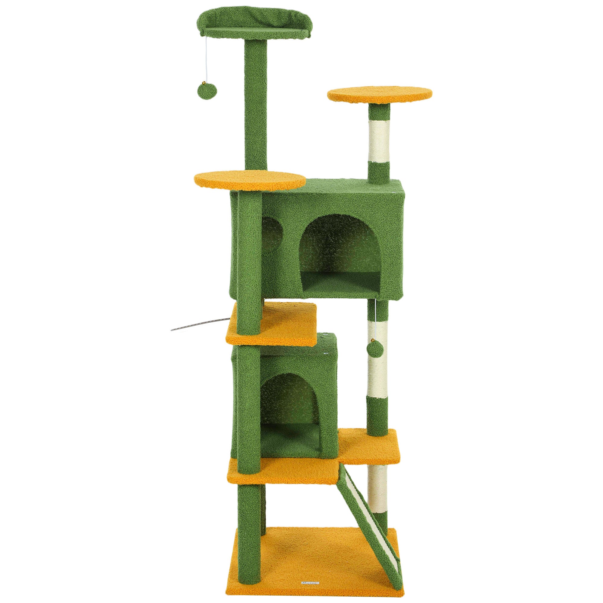 63" Cat Tree, Cat Tower for Indoor Cats with Scratching Posts, Cat Condos, Bed, Platforms, Ramp, Toy Ball, Cat Activity Center, Green