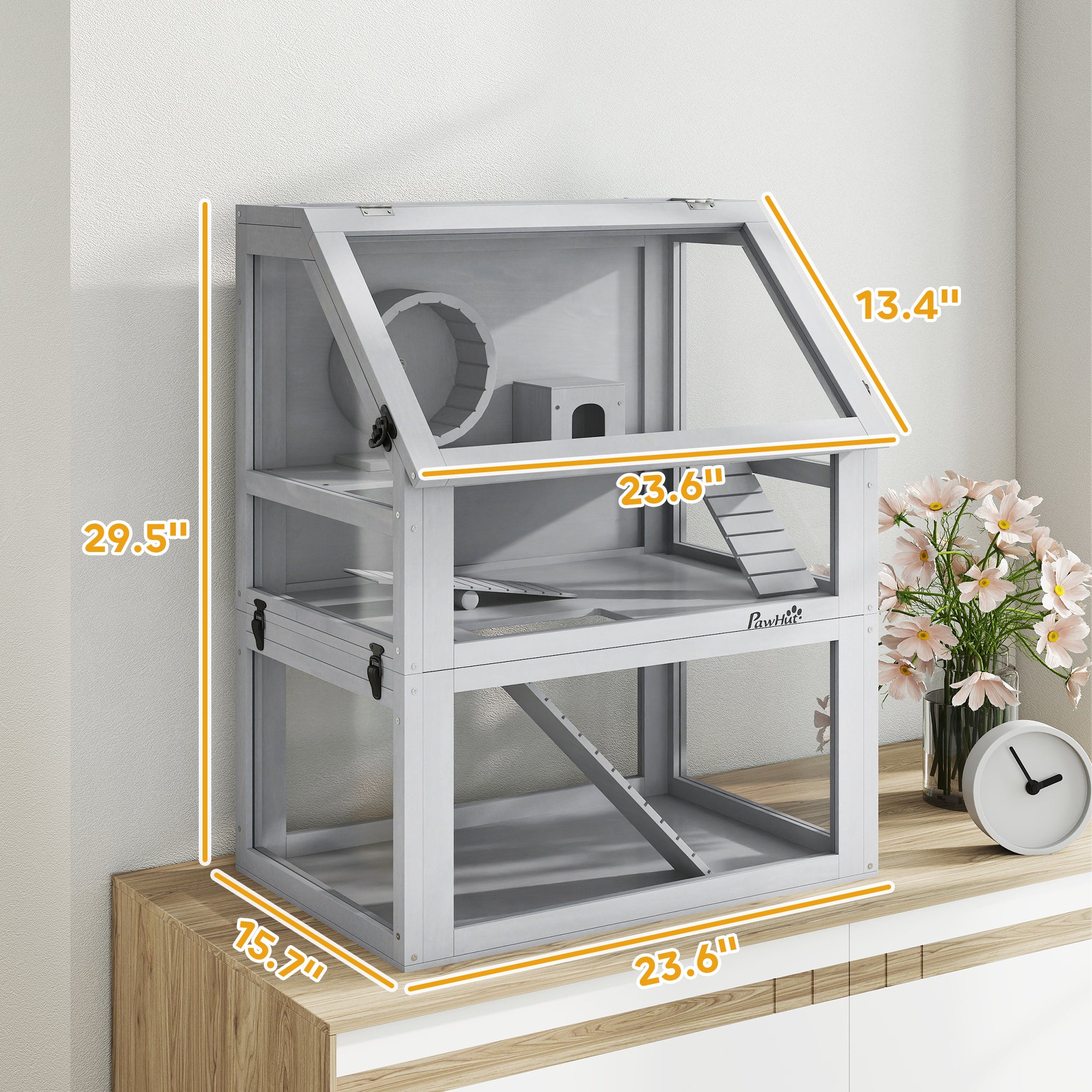 Wooden Hamster Cage, 3 Tier Small Animal Cage with Detachable 12.6" Deep Bottom, Hut, Seesaw, Exercise Wheel, Ramps, Hamster Habitat for Dwarf, Gerbil, 24" x 16" x 29.5"
